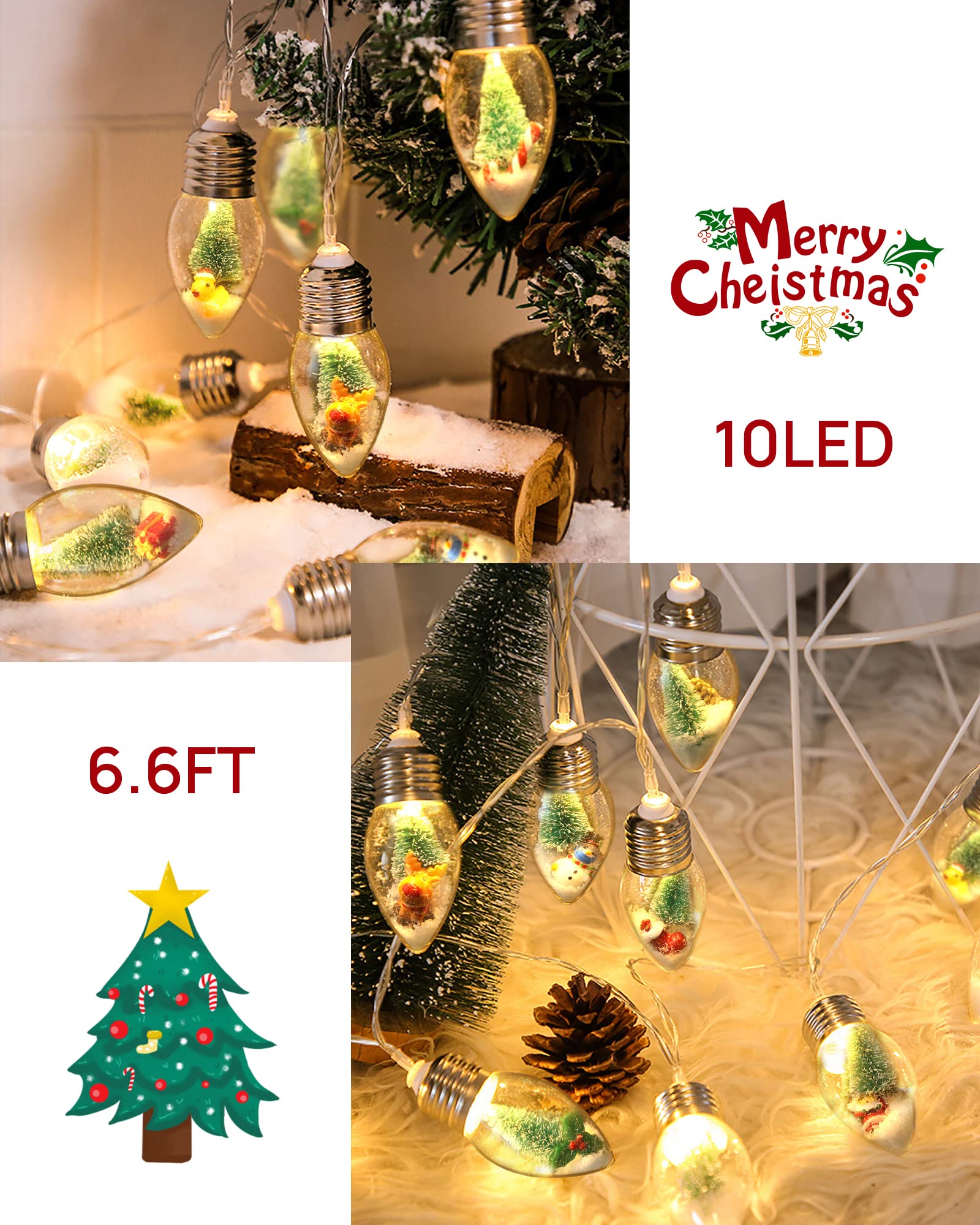 6.6ft Christmas Tree Snow Globe String Lights - 10 LED Globe Bulbs with Tree, Snow & Cute Ornaments for Indoor, Bedroom, Patio, Fireplace Decor | Perfect for Holiday, Xmas, Winter Home Decoration & Party Lighting
