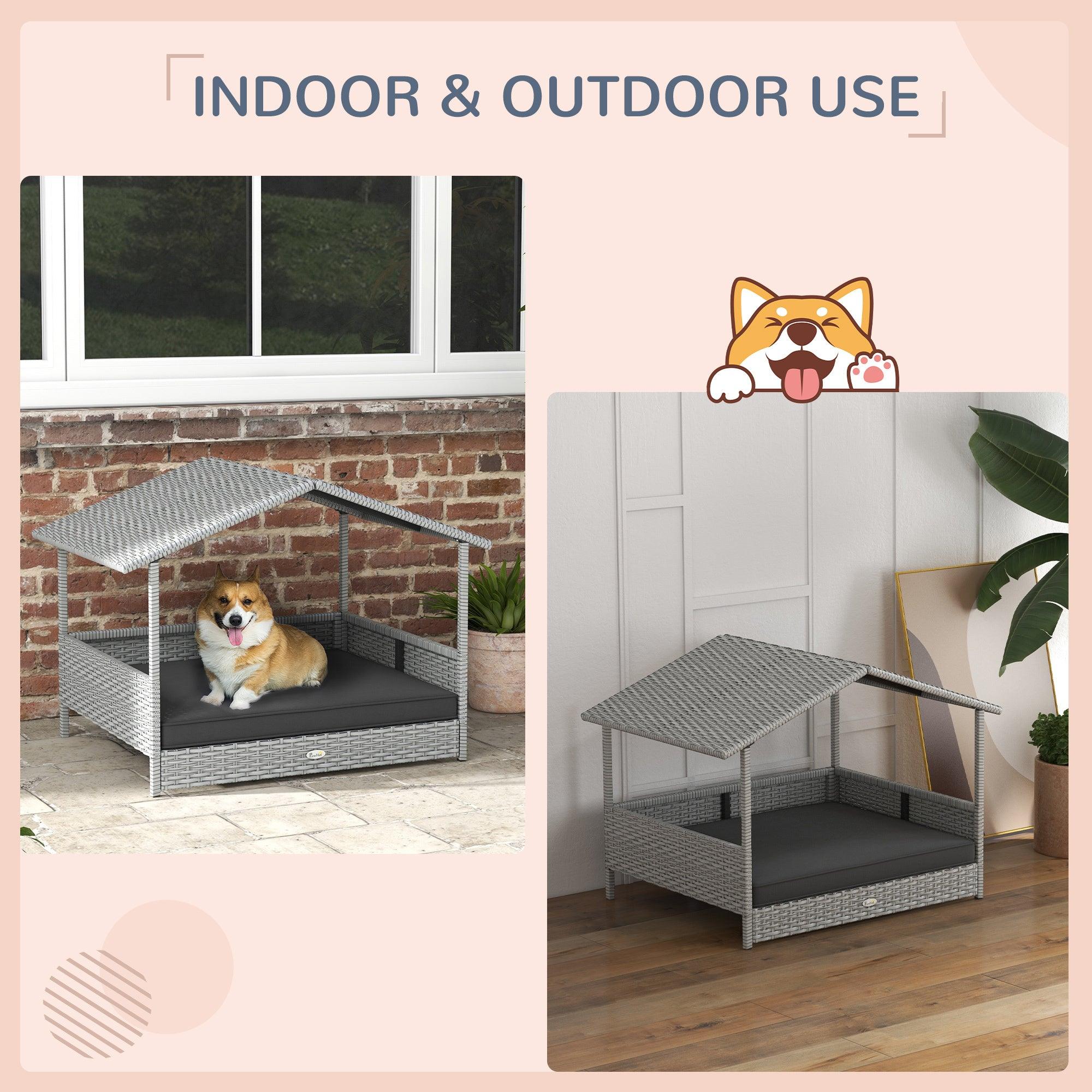 Waterproof Rattan Dog House with Canopy - Outdoor Pet Bed with Removable Cushion for Small & Medium Dogs - Gray - Perfect for Backyard, Patio & Garden Use