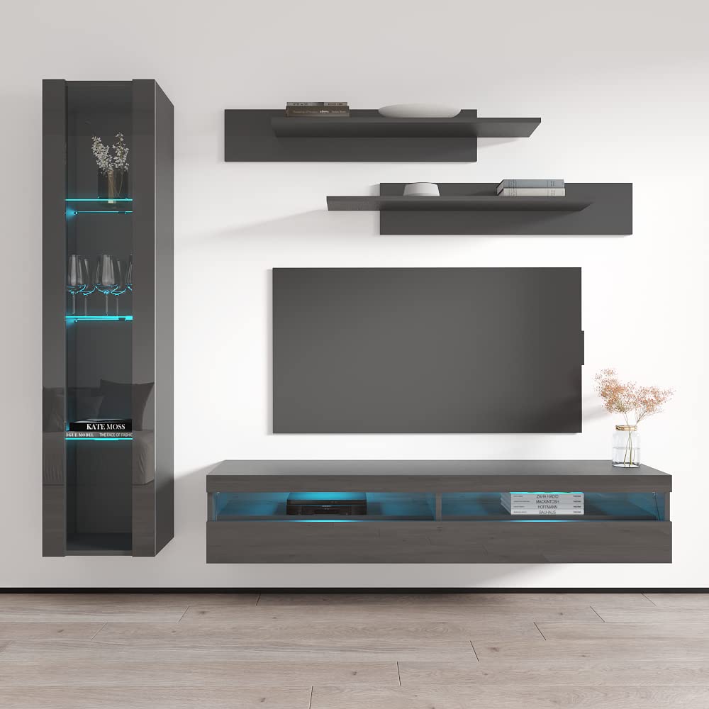 Modern Floating TV Stand with Storage & LED Lights - Wall-Mounted Entertainment Center Console for Bedroom & Living Room - G2 35TV Stand with Shelves - Black - Perfect for Small Spaces & Home Theater Setup