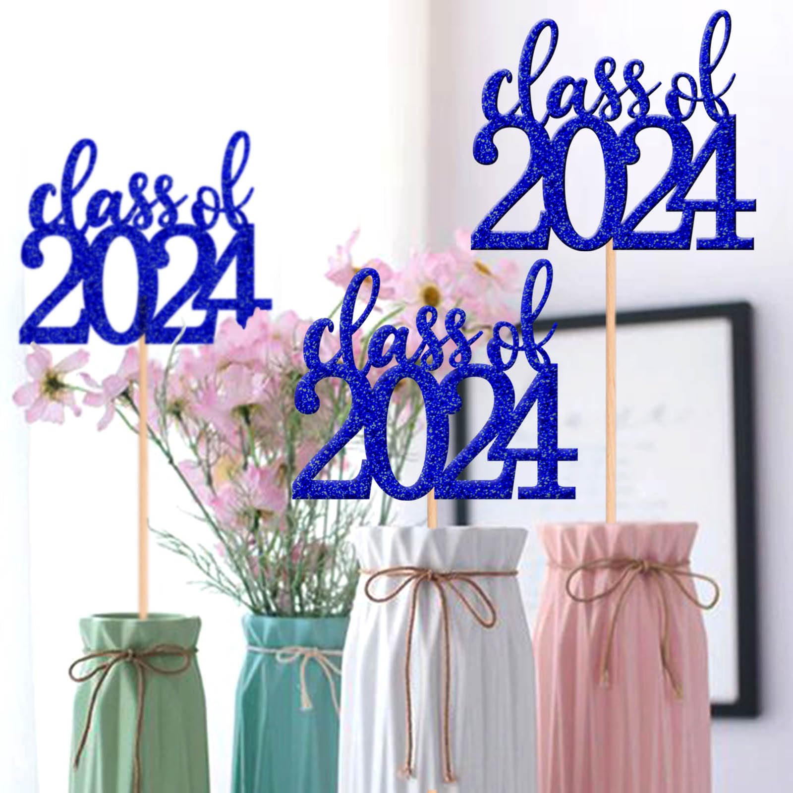 ALISSAR 10 Pack Double Sided Blue Class of 2024 Graduation Party Centerpiece Sticks - Table Toppers for Graduation Decorations - Perfect for High School & College Graduation Parties, Commencement Ceremonies & Photo Backdrops (Blue)