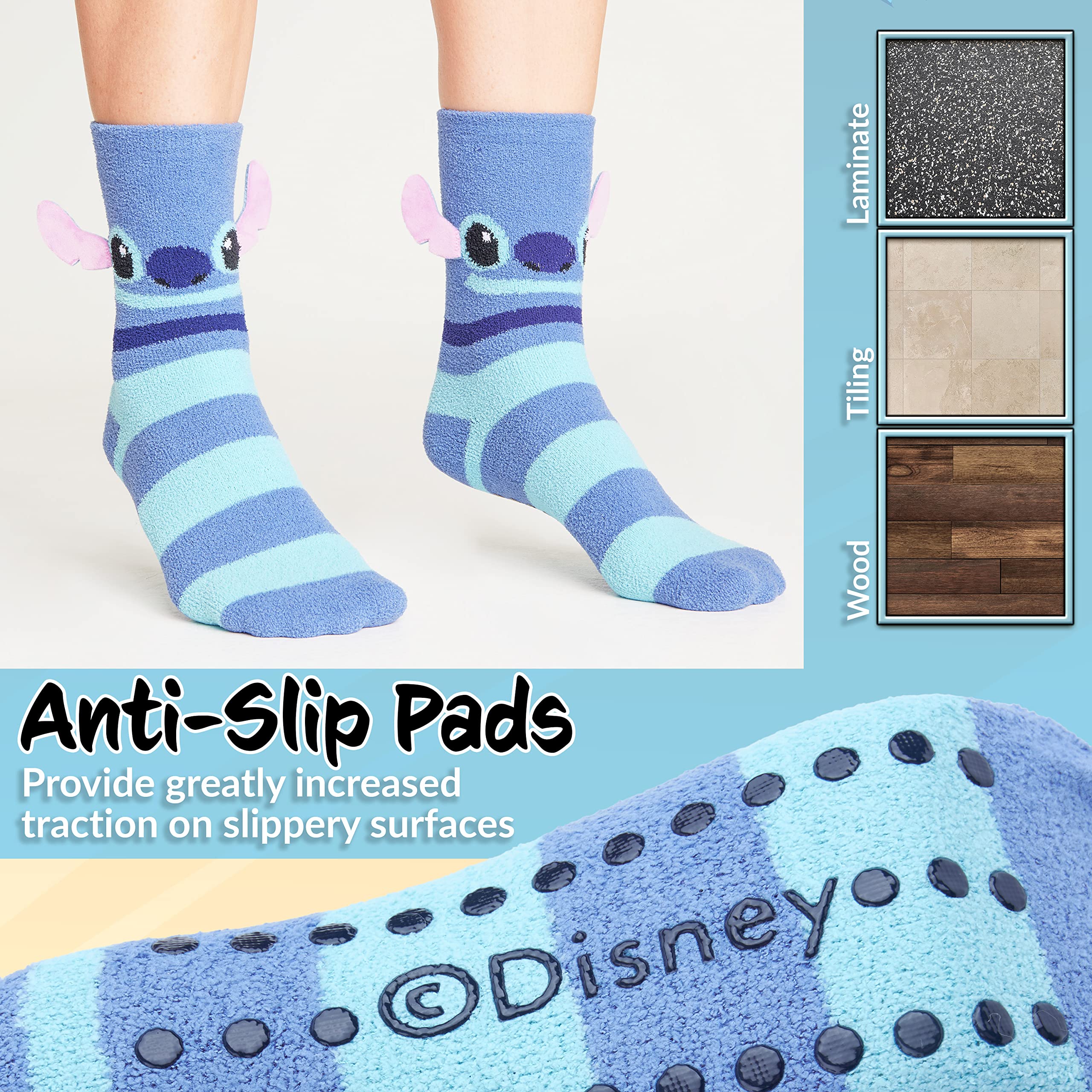 Disney Stitch Plush Slipper Socks for Women - 3 Pack Cozy Fuzzy House Socks with Non-Slip Grips - Perfect for Lounge, Sleep & Christmas Gifts
