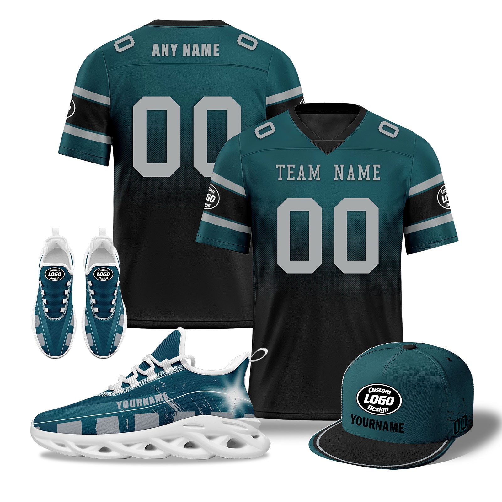 Custom Green & Black Philadelphia Eagles Football Shoes and Hat Combo - Personalized NFL Fan Gear for Men & Women - Perfect for Game Day, Tailgating, and Sports Enthusiasts