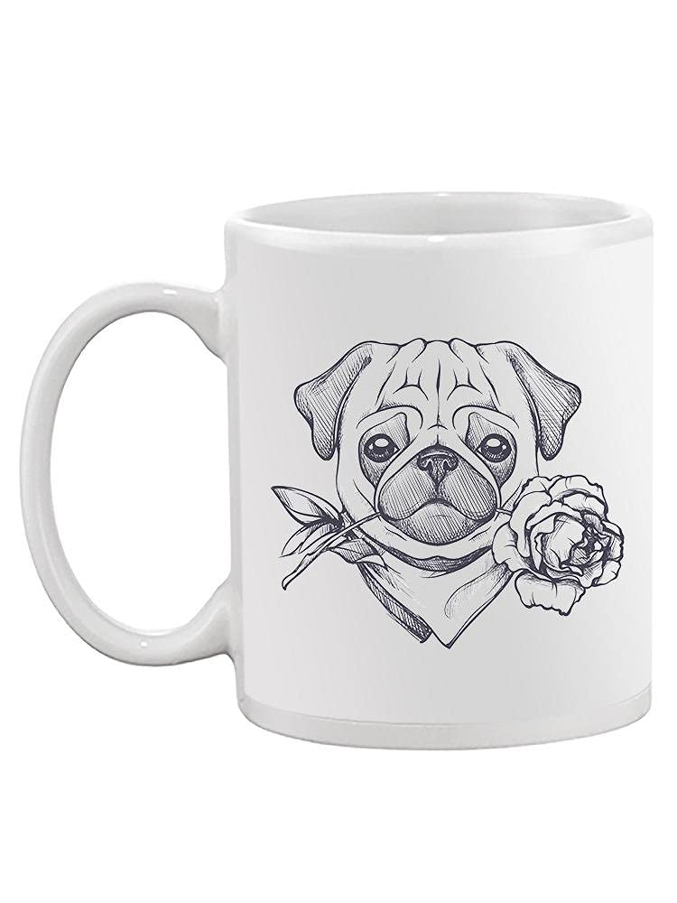 Smartprints Pug Sketch With A Rose Mug - Funny Dog Lover Coffee Cup - Perfect for Home, Office & Gifts