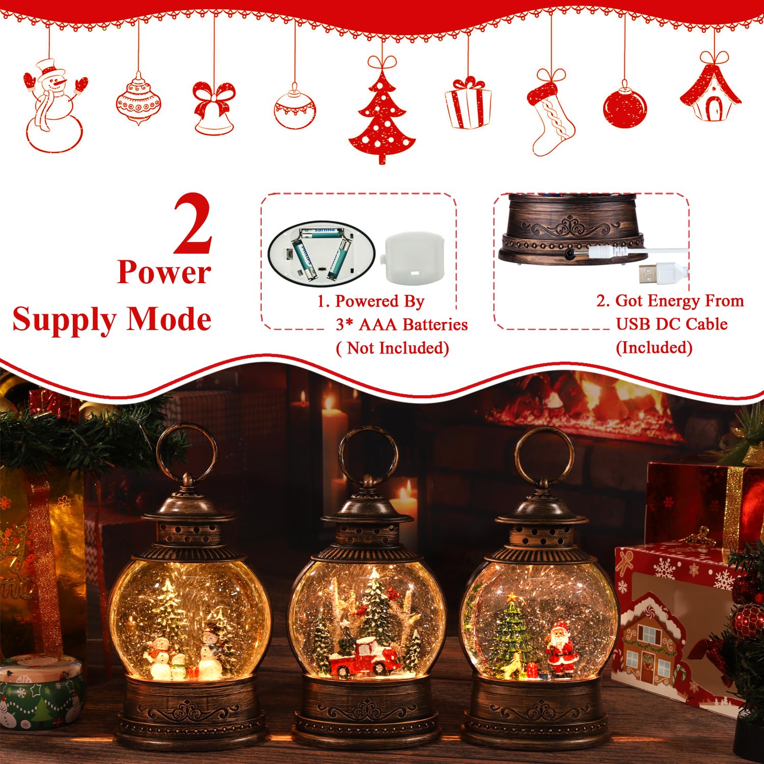 Christmas Lanterns & Musical Snow Globes - Festive Holiday Decorations for Home, Indoor Christmas Tree Decor & Holiday Gift Ideas - Perfect for Living Room, Mantel & Holiday Party Decorating