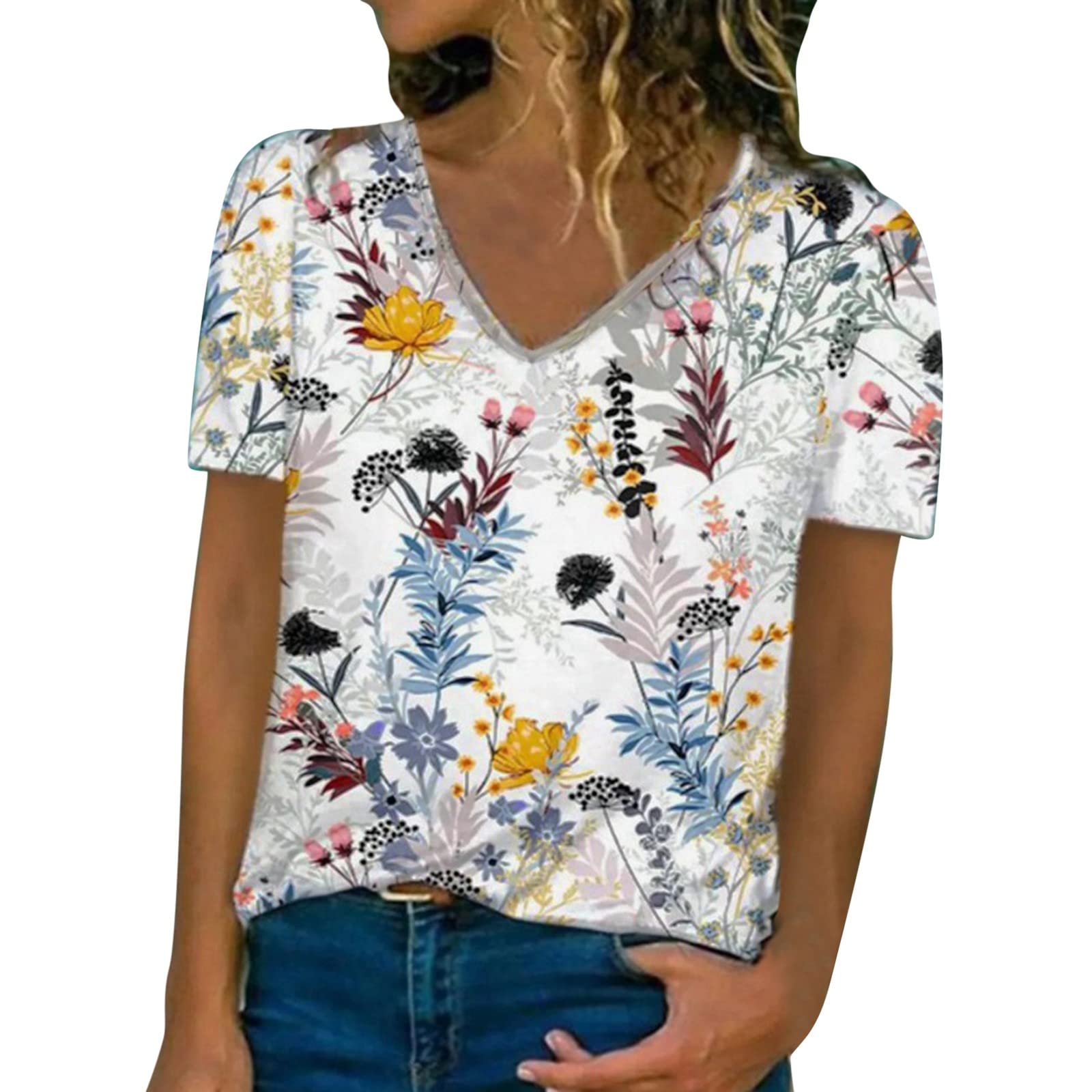 Women's Summer V-Neck Short Sleeve T-Shirt - Cute Printed Casual Blouse, Loose Fit Graphic Tee for Everyday Wear, Outings & Beach Days