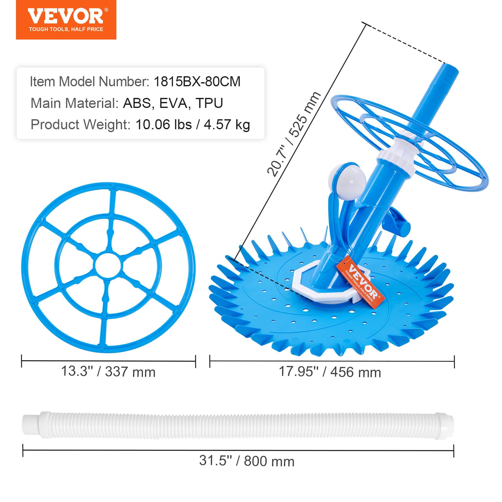 VEVOR Automatic Suction Pool Cleaner - Low Noise Robotic Vacuum with Extra Diaphragm, 10 x 32 in Hoses & 36-Fin Disc - Ideal for Above Ground & Inground Pools - Perfect for Backyard, Vacation Homes & Commercial Use