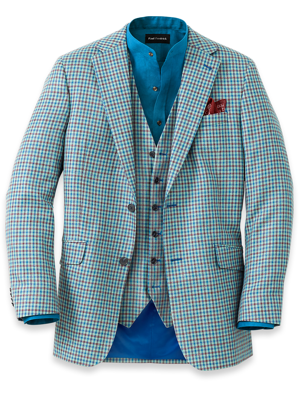 Premium Wool Blend Check Notch Lapel Sport Coat for Men - Blue & Burgundy Plaid Blazer | Business Casual, Office Wear & Wedding Attire