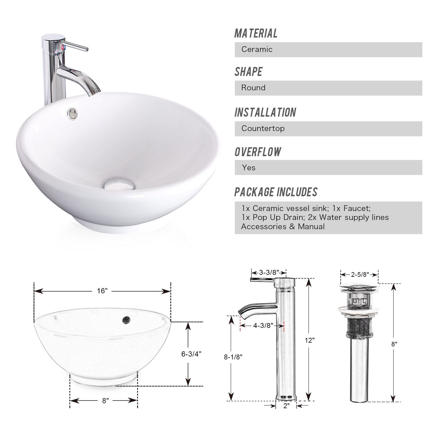 Eclife Classic White Round Ceramic Vessel Sink with Chrome Faucet & Pop-Up Drain - Porcelain Bathroom Countertop Sink Bowl for Modern Vanity, Powder Room & Guest Bathroom Decor