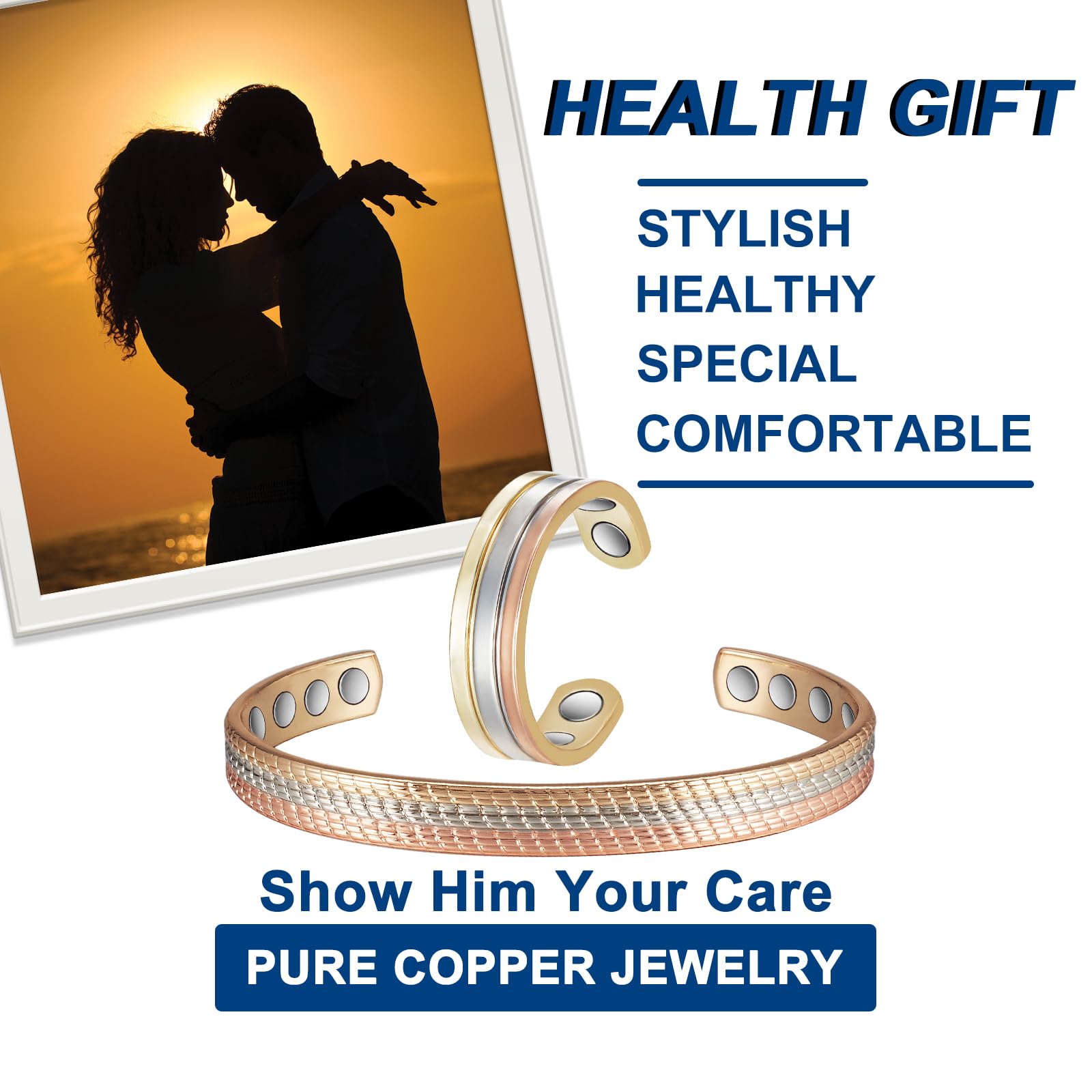 Women's Copper Bracelets Set - Adjustable Cuff Bangles, Copper Rings & Tricolor Gold Magnetic Bracelet | Pure Solid Copper Jewelry for Arthritis Relief, Fashion Accessories & Gift Giving