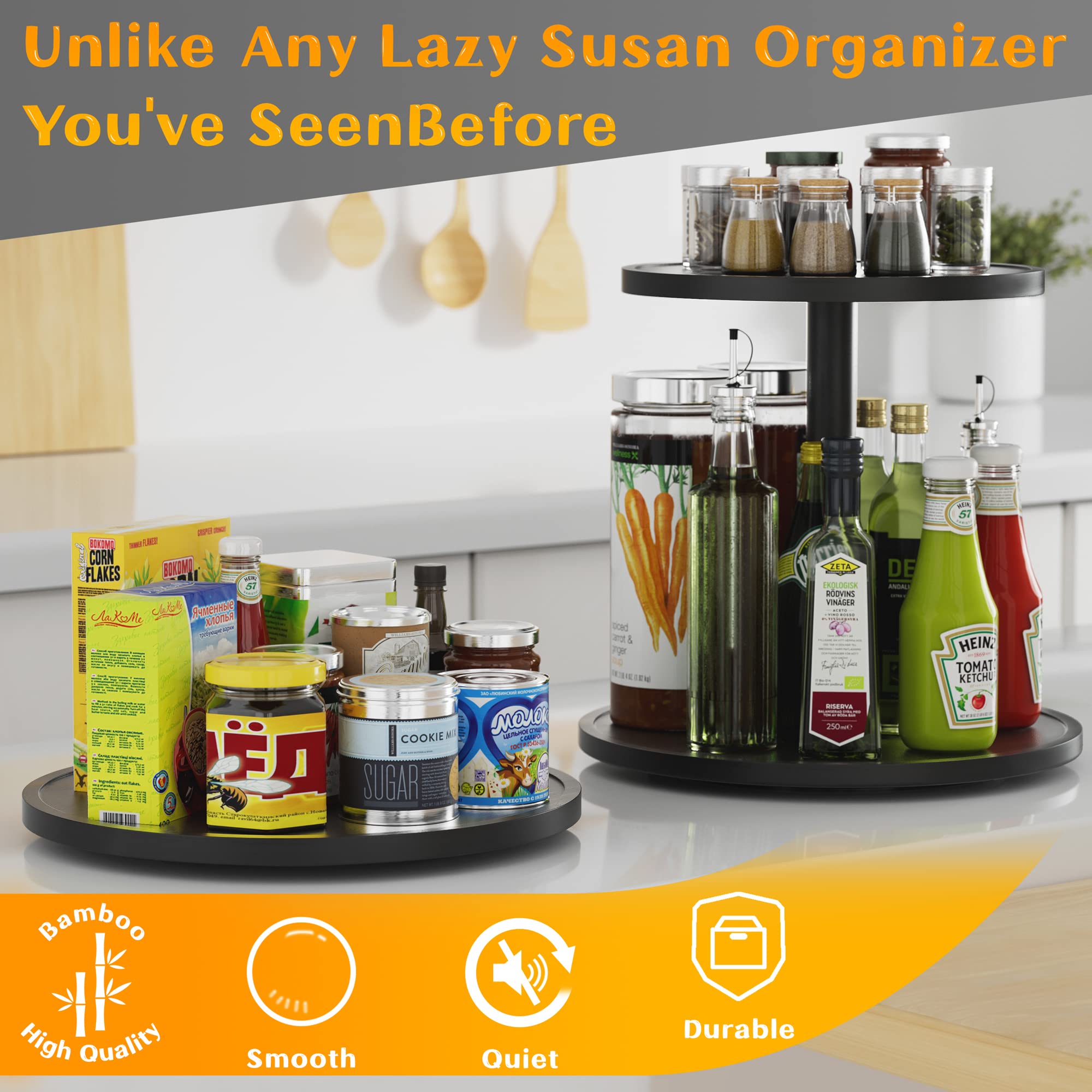 10 Inch Non-Skid Bamboo Lazy Susan Turntable Organizer - Rotating Spice Rack for Kitchen Cabinet & Countertop - Wooden Black Kitchen Organizer for Spices, Condiments, Makeup, or Office Supplies - Perfect for Pantry, Dining Table, Vanity & Workspace