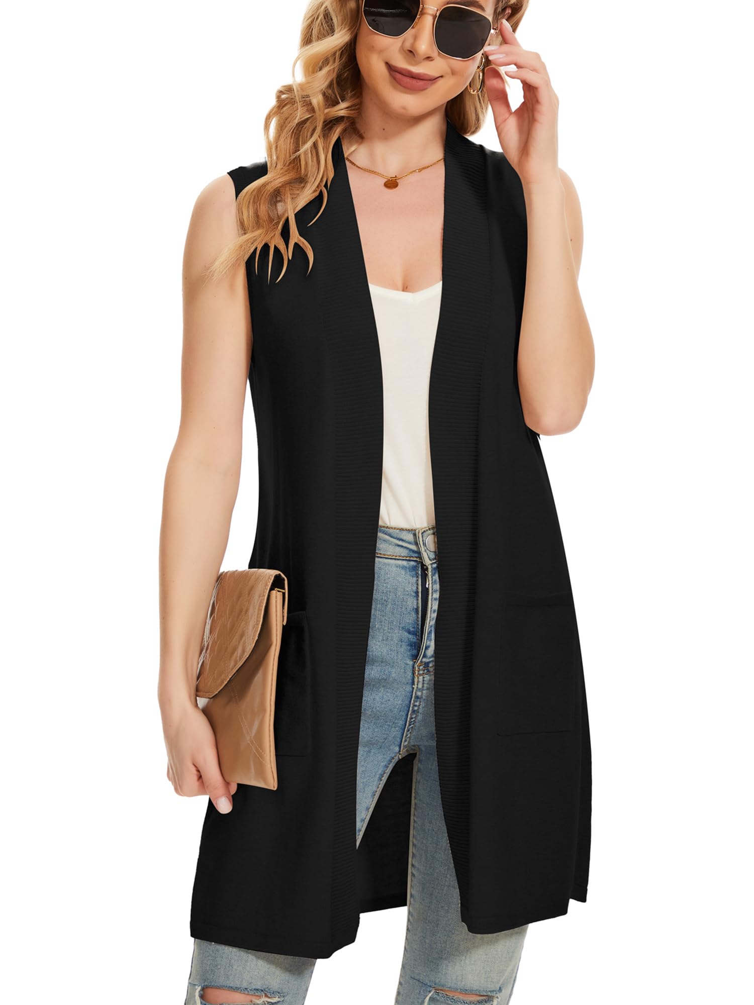 Women's Moss Rose Long Vest - Sleeveless Lightweight Open Front Cardigan with Ribbed Knit & Pockets | Perfect for Layering, Office Wear & Casual Outfits