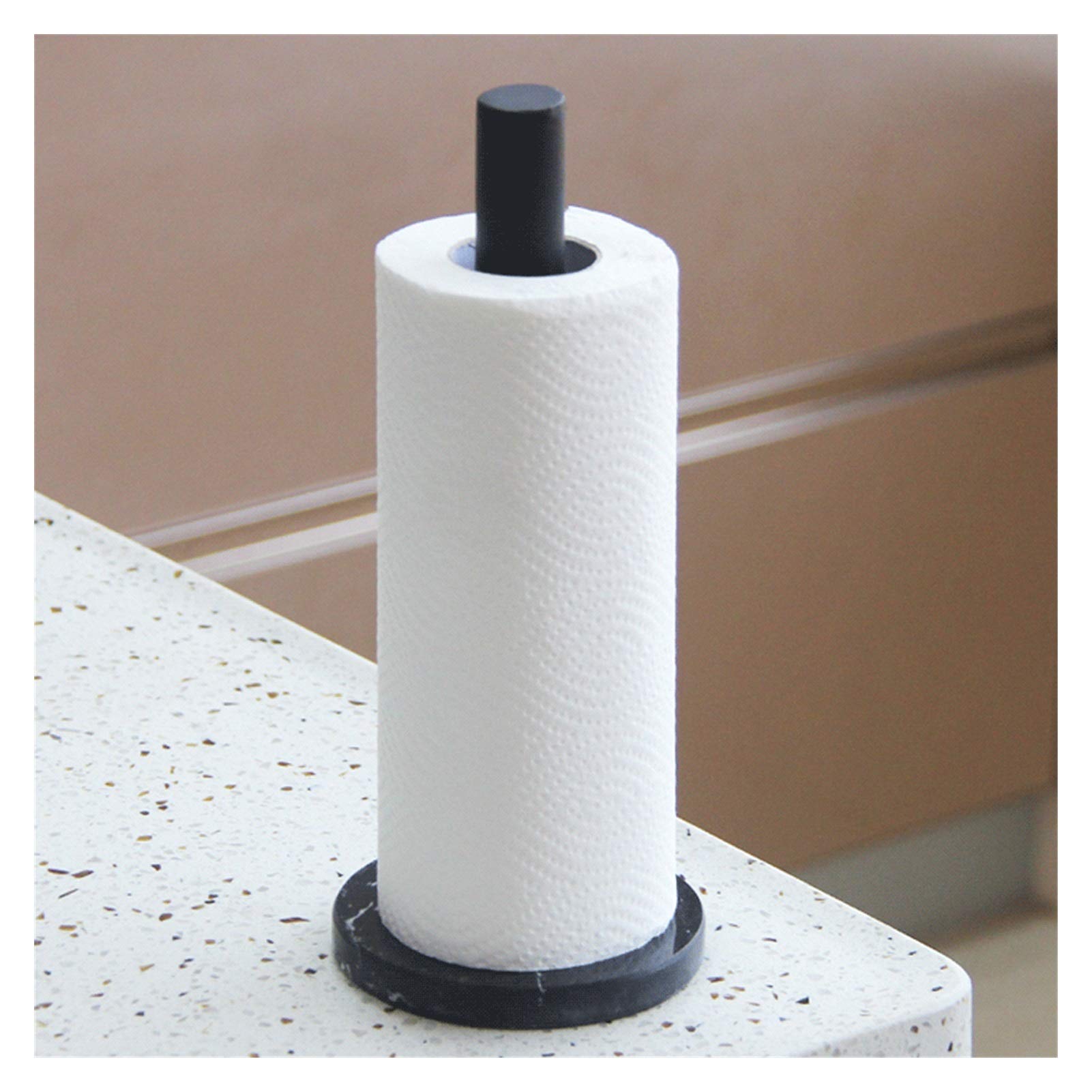 Premium Metal Paper Towel Holder with Marble Base - Black & Gold Standing Kitchen Towel Dispenser (4.3x10.2in) - Elegant Countertop Organizer for Kitchen, Bathroom, or Office Use