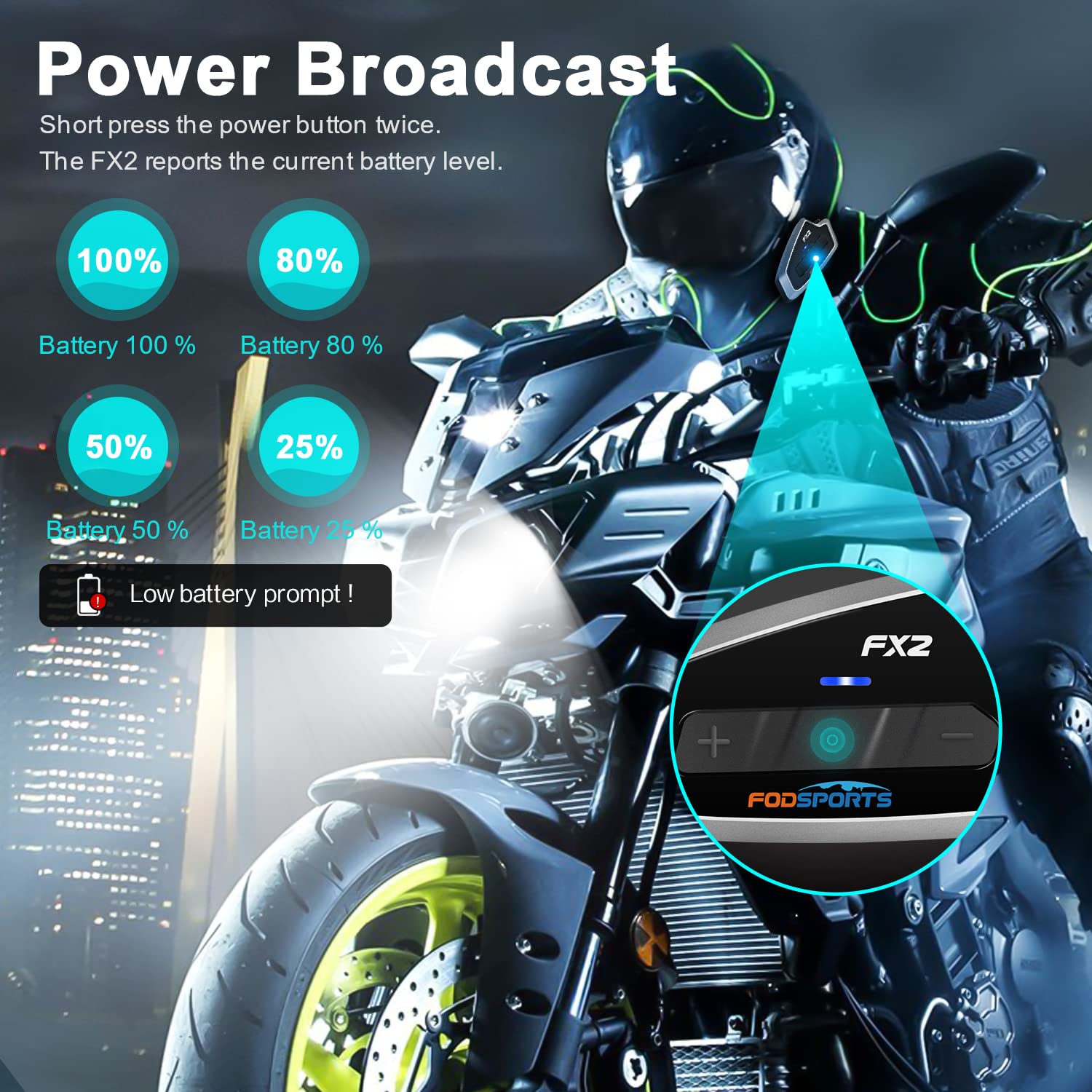 Fodsports FX2 Motorcycle Bluetooth Headset - 2 Rider Helmet Intercom System with FM Radio, Hands-Free Calling, Voice Dial, Stereo Music Sharing & Waterproof for Safe Riding - Perfect for Group Rides, Commuting & Adventure Touring