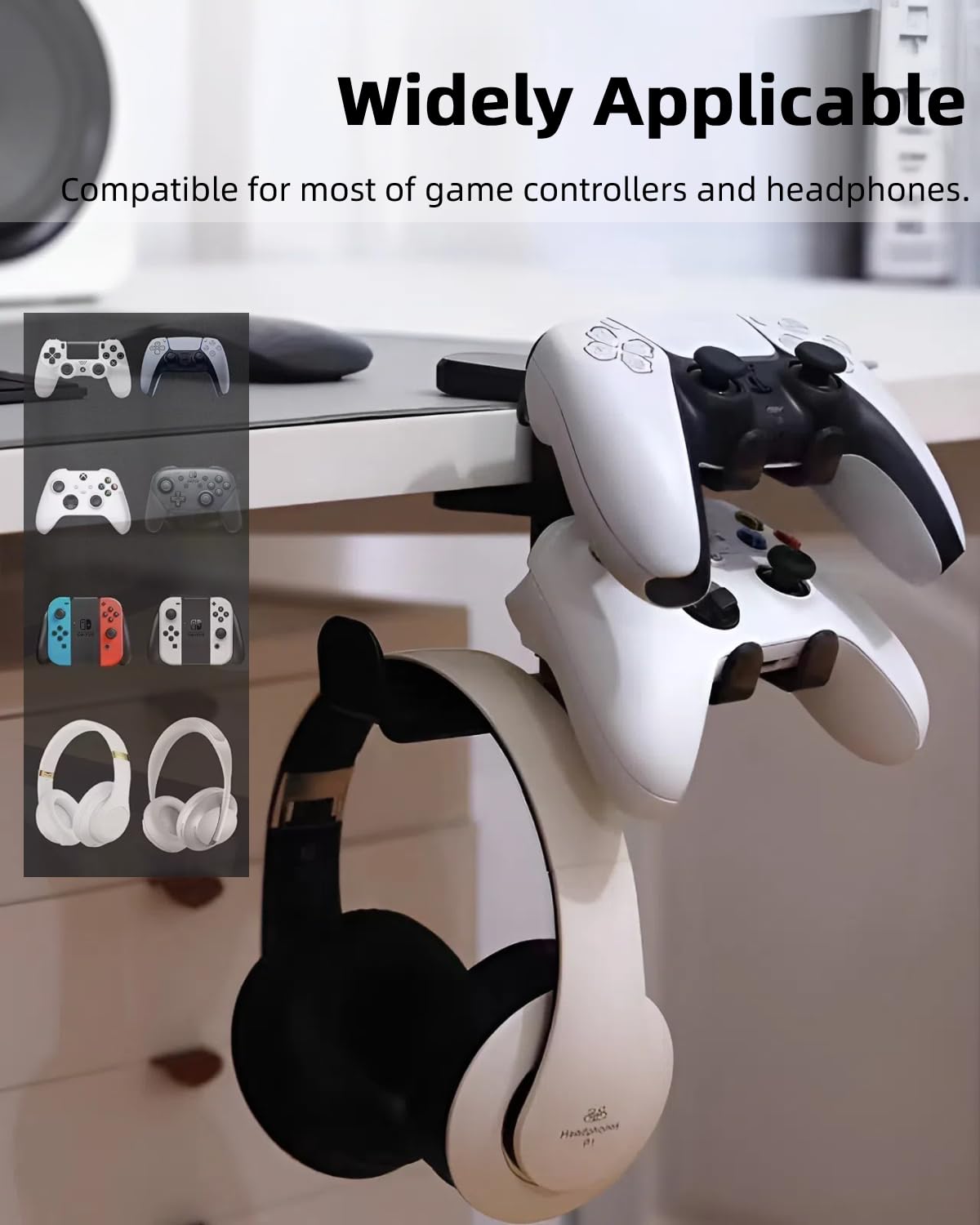 3-in-1 Adjustable Headphone Stand with Controller Holder - Under Desk Mount for Gaming Setup (Black)