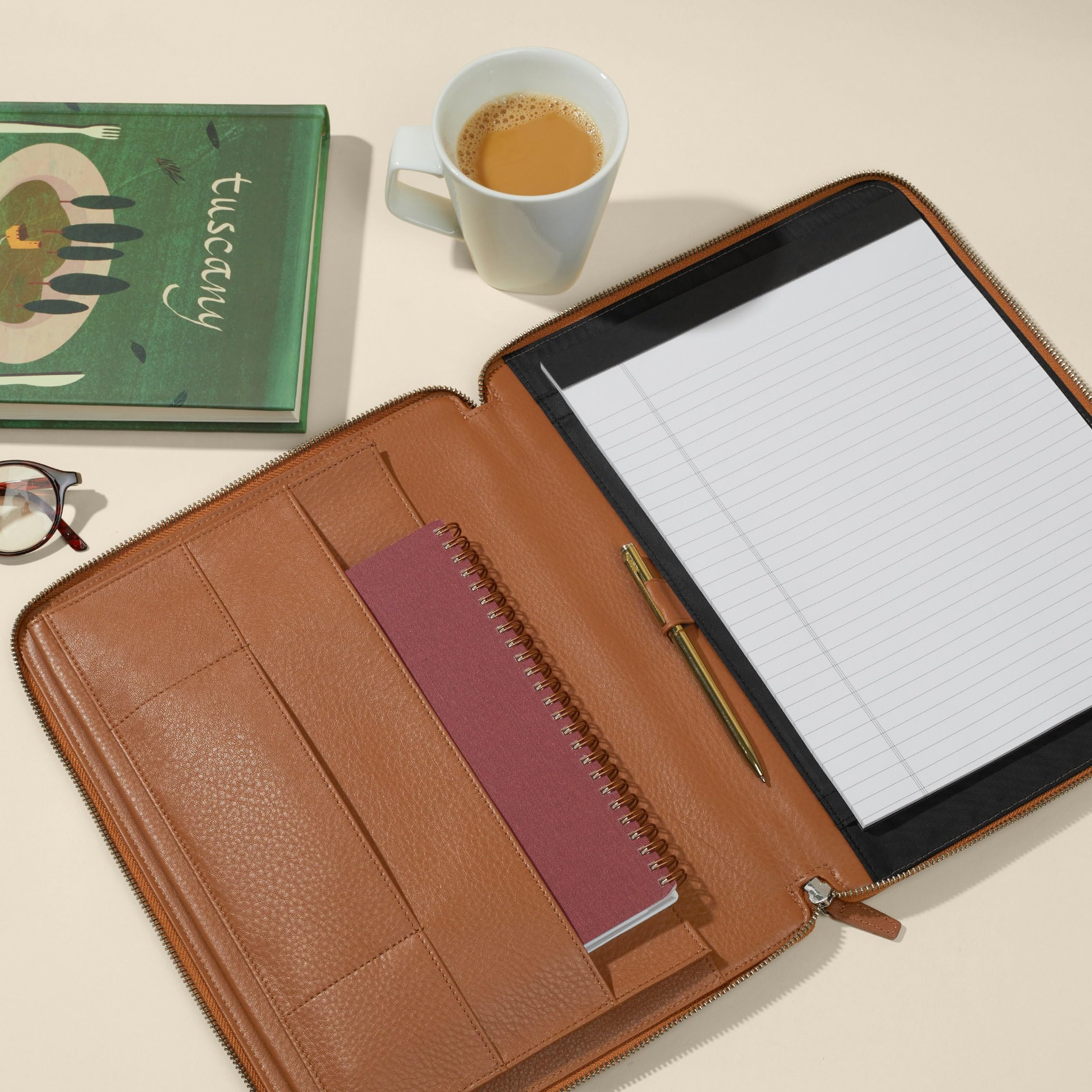 Premium Genuine Leather Cognac Executive Zippered Portfolio - Business Organizer with Tablet Pocket & Multiple Card Slots - Perfect for Office, Meetings & Business Travel