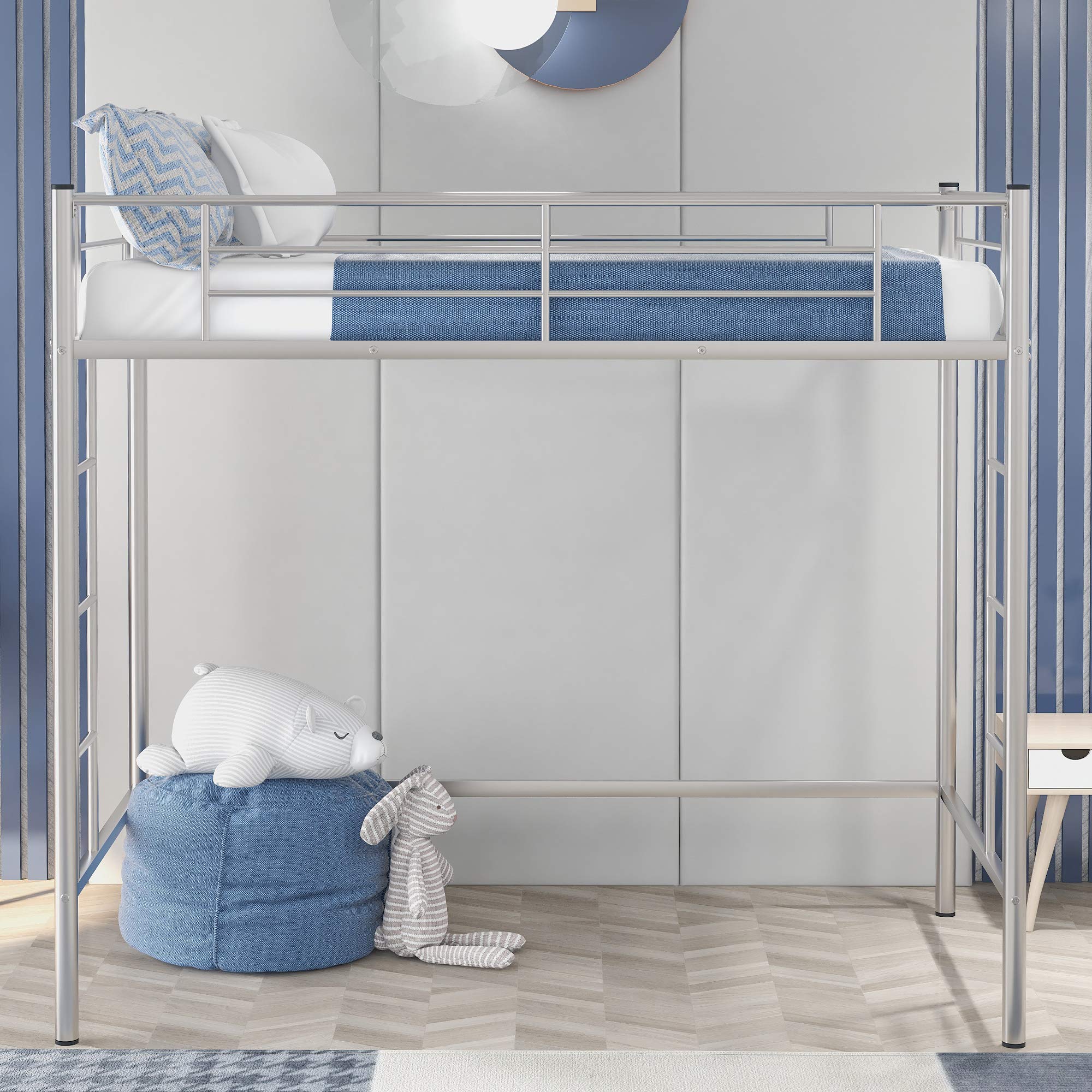 Sturdy Metal Twin Loft Bed with 2 Ladders & Safety Rails - Space Saving Kids Bunk Bed Frame for Small Bedrooms - Modern Silver Loft Bed for Teens & Children - Perfect for Dorms, Apartments & Shared Rooms