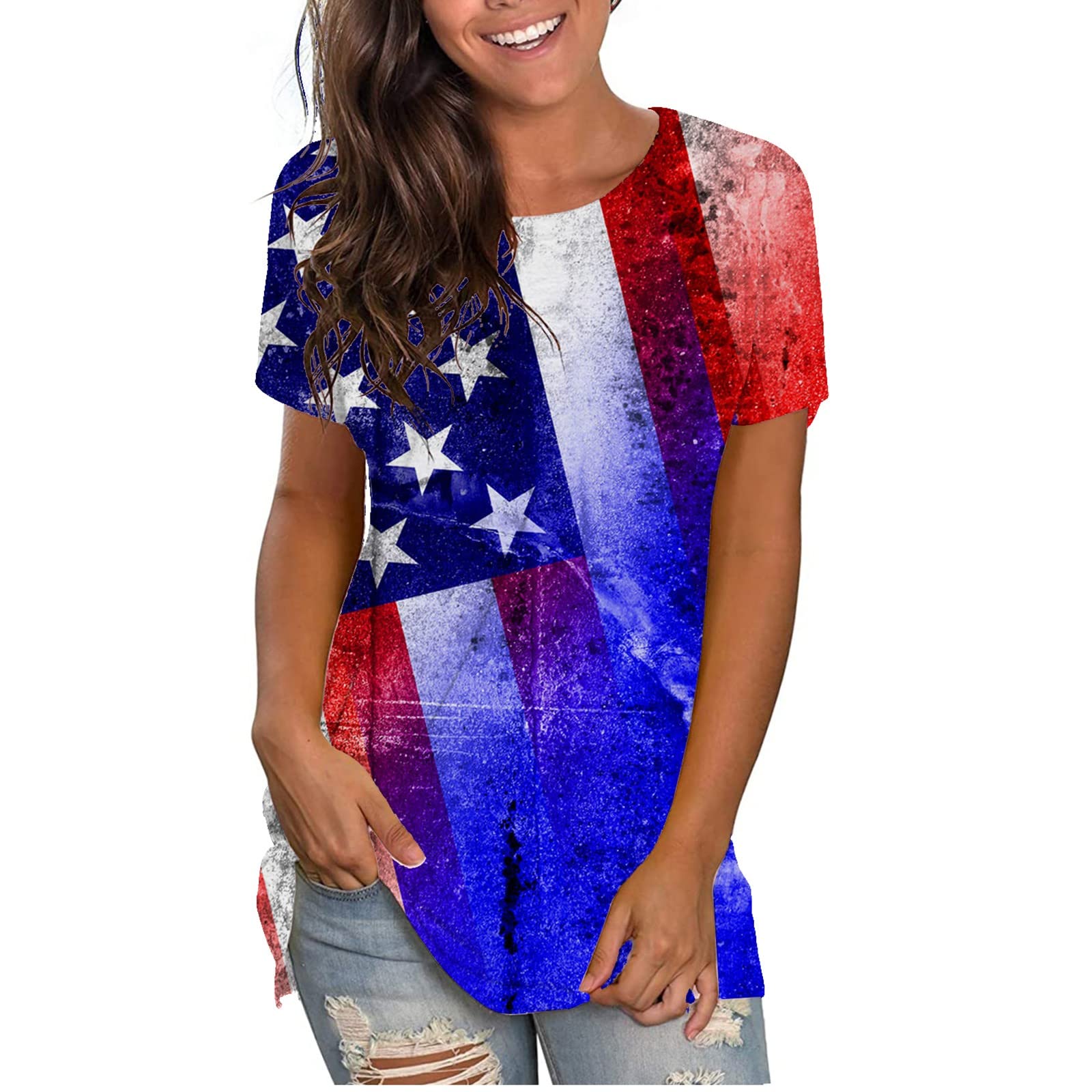 Women's Casual Loose Fit Short Sleeve T-Shirt - Flattering Tummy Control Top for Summer, 4th of July Printed Round Neck Blouse | Perfect for Independence Day Celebrations, Beach Outings & Casual Wear
