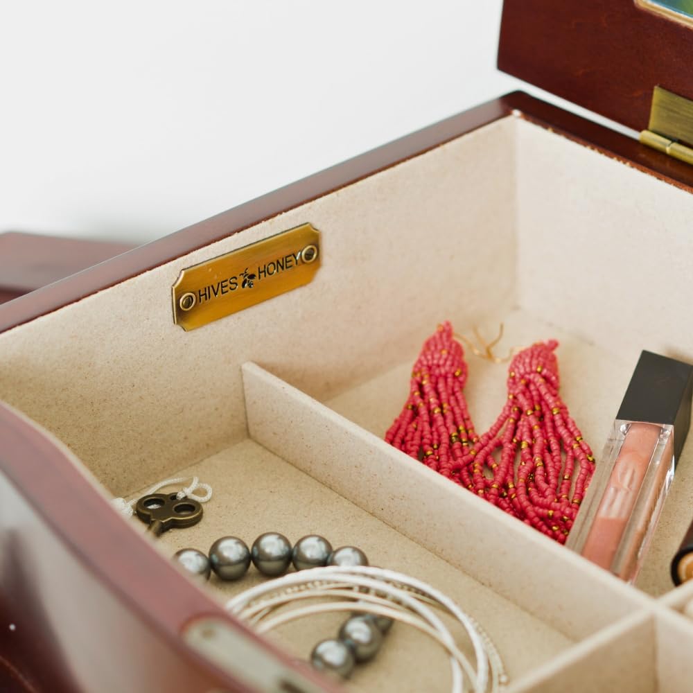 Noelle Standing Jewelry Armoire Cabinet with Lock - 7 Drawers Jewelry Storage Organizer with Flip Mirror, Cherry Wood Jewelry Box for Necklaces, Earrings & Bracelets - Perfect for Bedroom, Closet or Dressing Room Organization