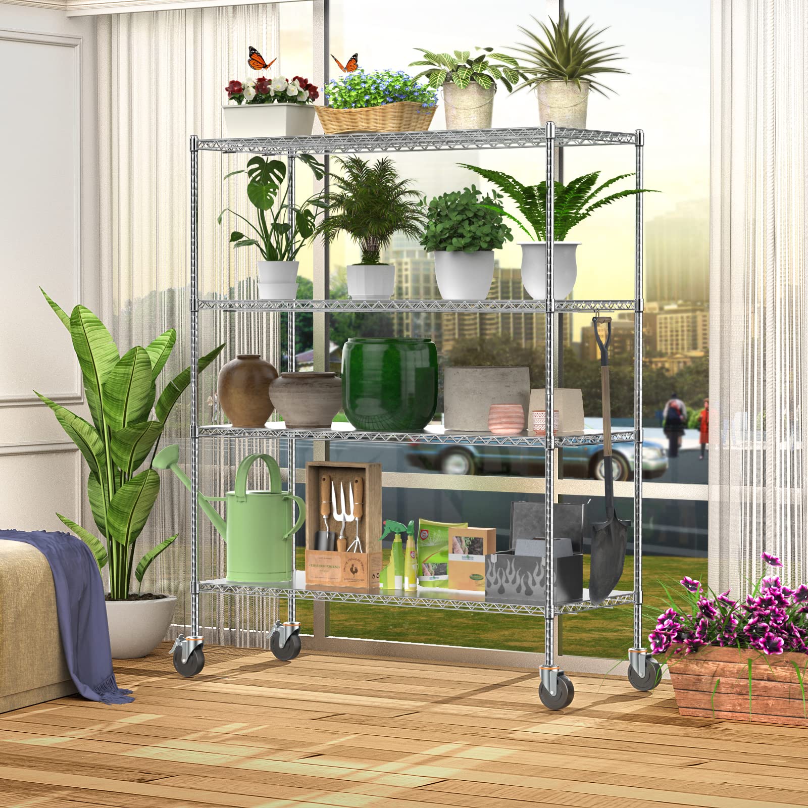 Heavy Duty 60x24x72 Inch Wire Shelving with Wheels - 2000 Lbs Capacity Adjustable Metal Storage Rack, 4-Tier NSF-Certified Commercial Utility Shelf with Shelf Liners - Perfect for Warehouse, Garage, Pantry & Retail Store Organization