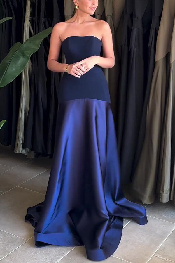 Timeless Elegance Satin Patchwork Strapless Flare Gown Maxi Dress for Women | Formal Evening Gown for Prom, Wedding, Red Carpet Events