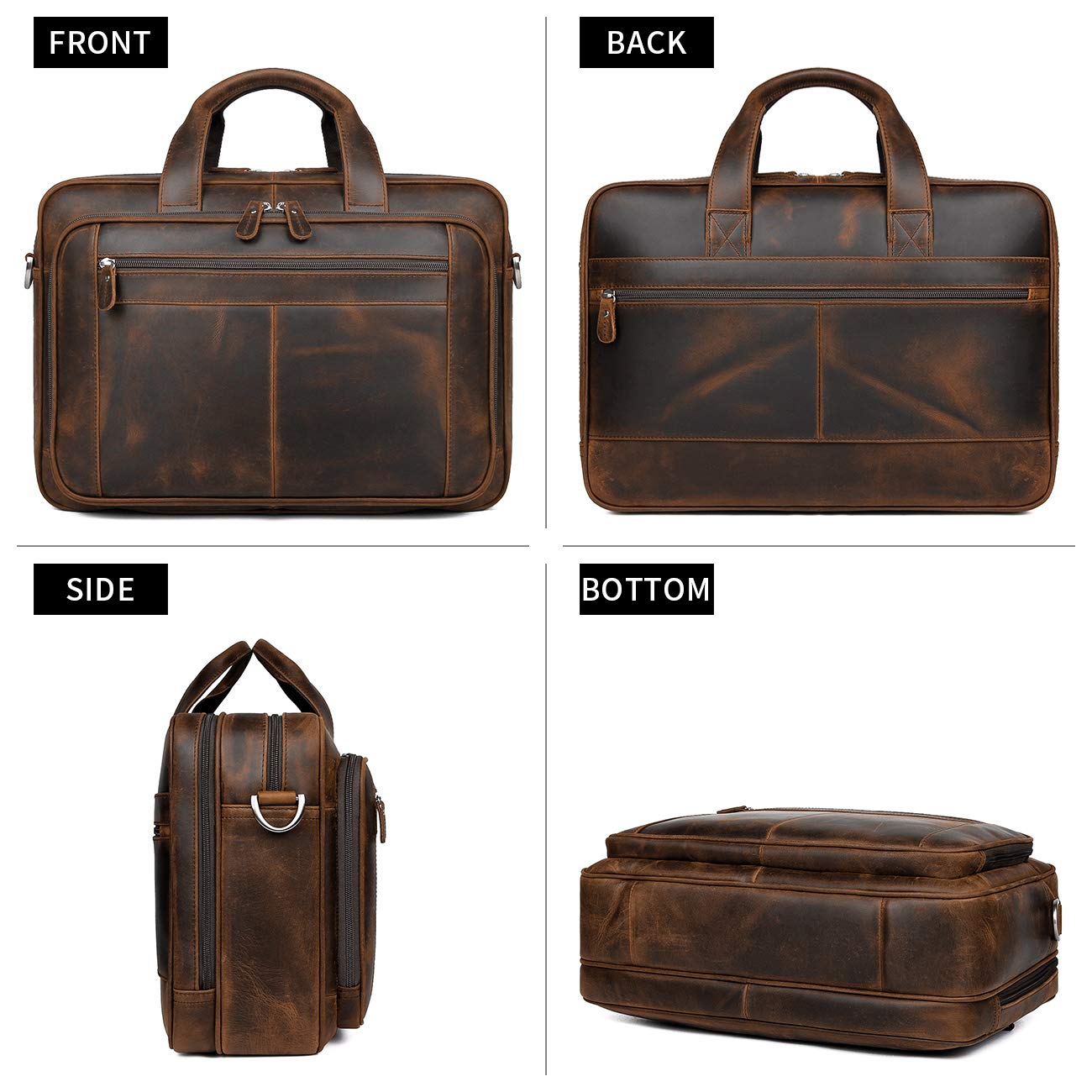 Augus Genuine Leather Business Travel Briefcase for Men - 15.6 Inch Laptop Bag with YKK Metal Zippers - Dark Brown Duffle Bag for Office, Commuting & Business Trips