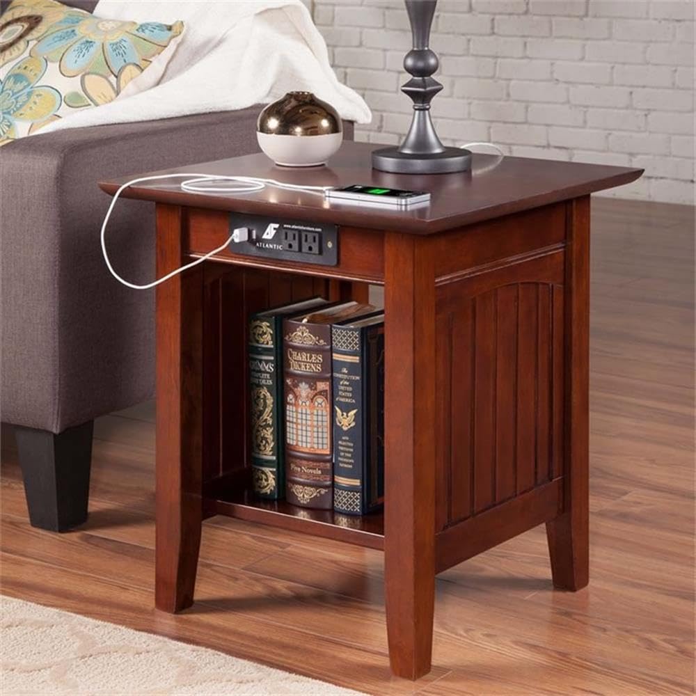 Modern Walnut Wood End Table with USB Charging Ports - Stylish Nightstand for Bedroom, Living Room & Office - Pemberly Row Contemporary Side Table