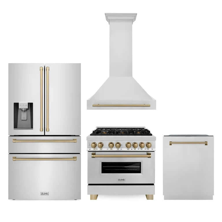 ZLINE Autograph Edition 36-inch Stainless Steel Dual Fuel Range Kitchen Package with Range Hood, Dishwasher & Refrigerator - Champagne Bronze Accents (4AKPR RARHDWM36 CB) | Premium Kitchen Appliances for Modern Homes & Professional Chefs