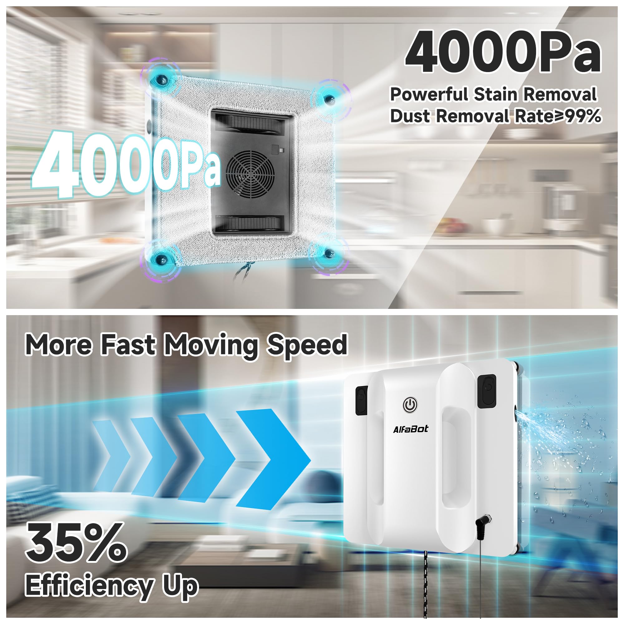 AlfaBot Smart Window Cleaning Robot - 4000PA High Suction, Dual Water Spray System, Anti-Fall & Edge Detection - Ideal for High-Rise Windows, Glass Tiles & Large Glass Surfaces - Perfect for Home, Office & Commercial Window Cleaning