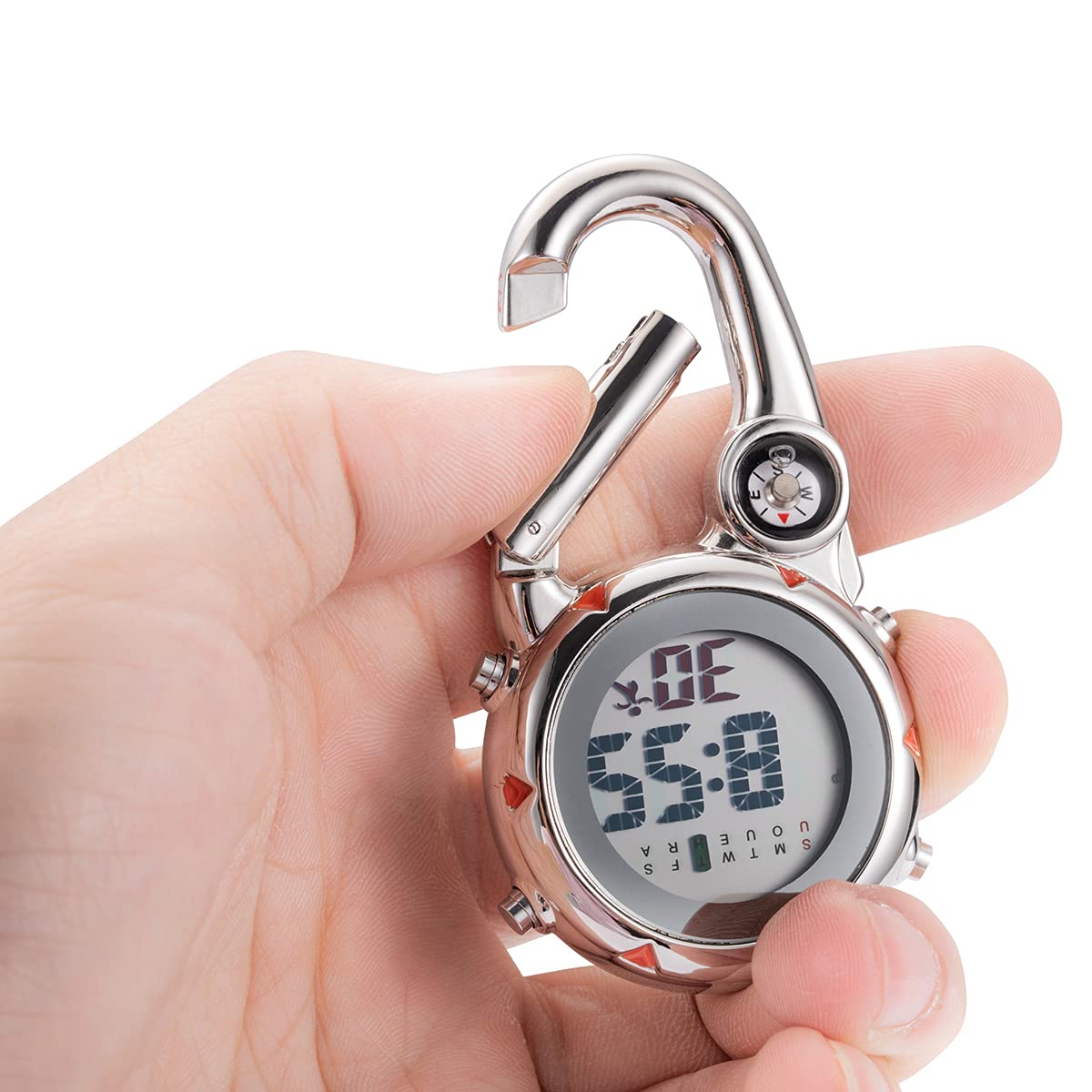 Digital Compass Clip Watch - Waterproof Carabiner Pocket Watch with Alarm for Men & Women | Hiking, Camping, Backpacking Outdoor Adventure Gear | Black & White Fob Watch for Backpack Buckle
