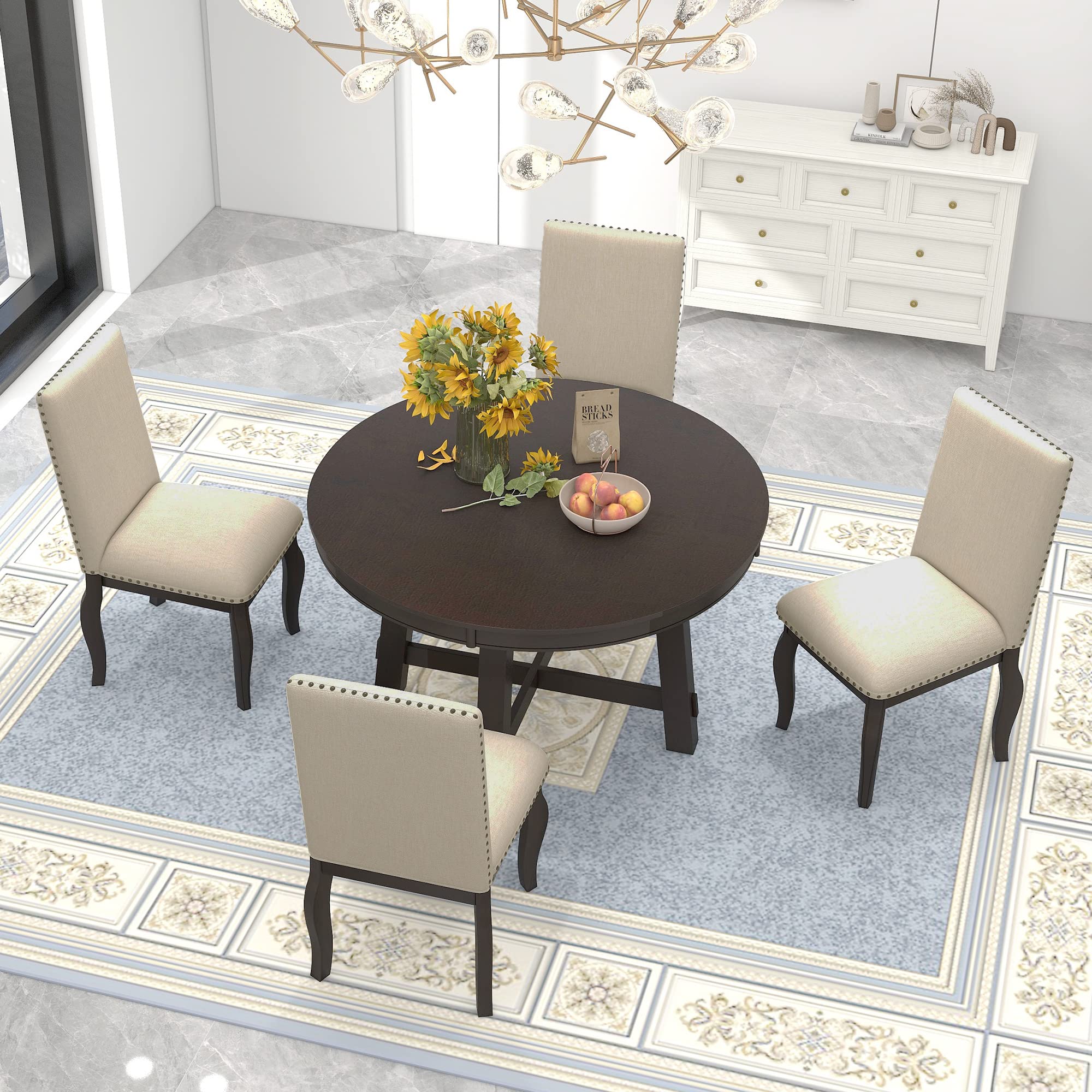 Polibi 5-Piece Farmhouse Dining Set - Espresso Wooden Round Extendable Table & 4 Upholstered Chairs, Perfect for Small Spaces & Family Gatherings