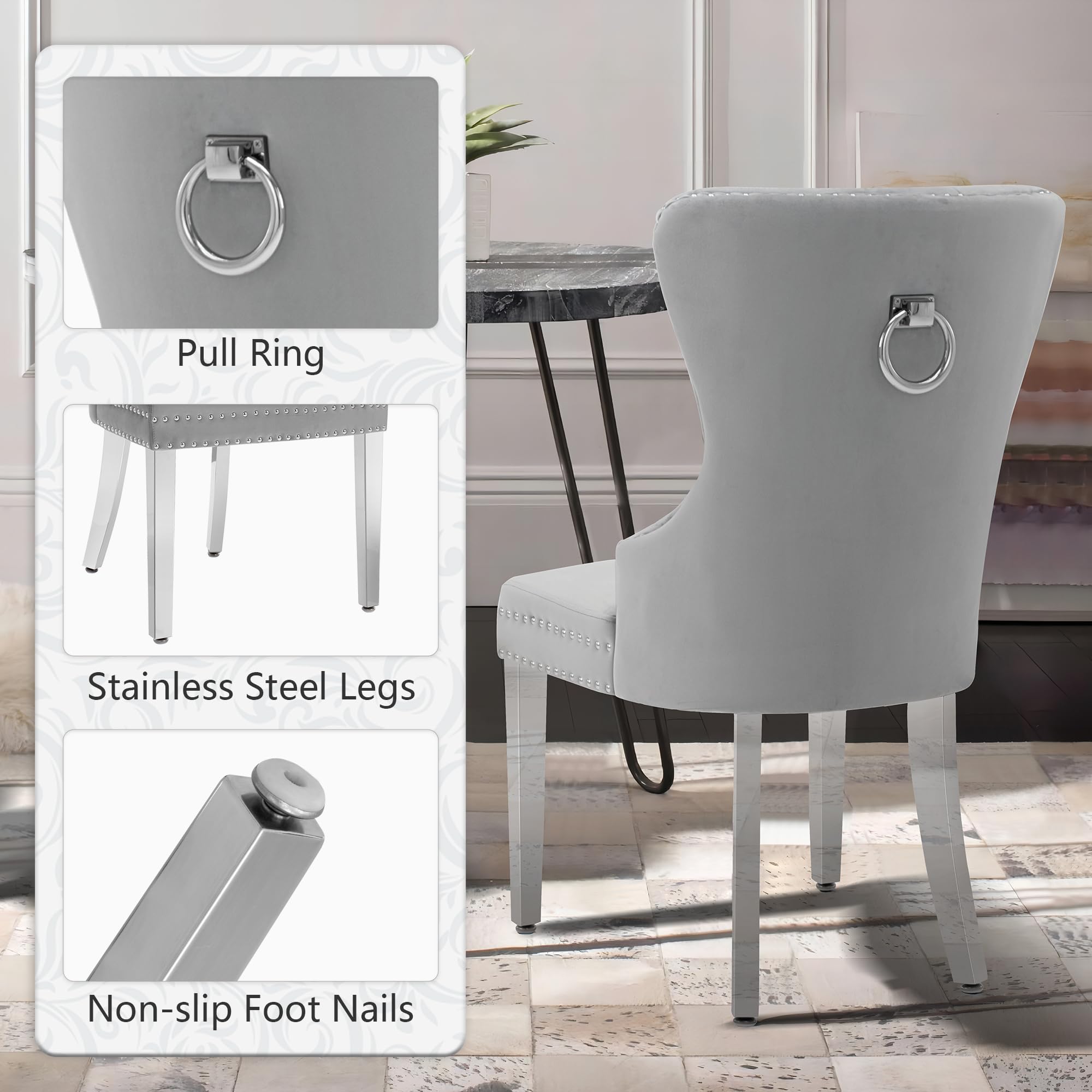 Luxury Velvet Dining Chairs Set of 2 - Tufted Upholstered Modern Dining Room Chairs with Stainless Steel Legs & Ring Pull, Grey - Perfect for Home Dining, Kitchen, Restaurant & Office Decor
