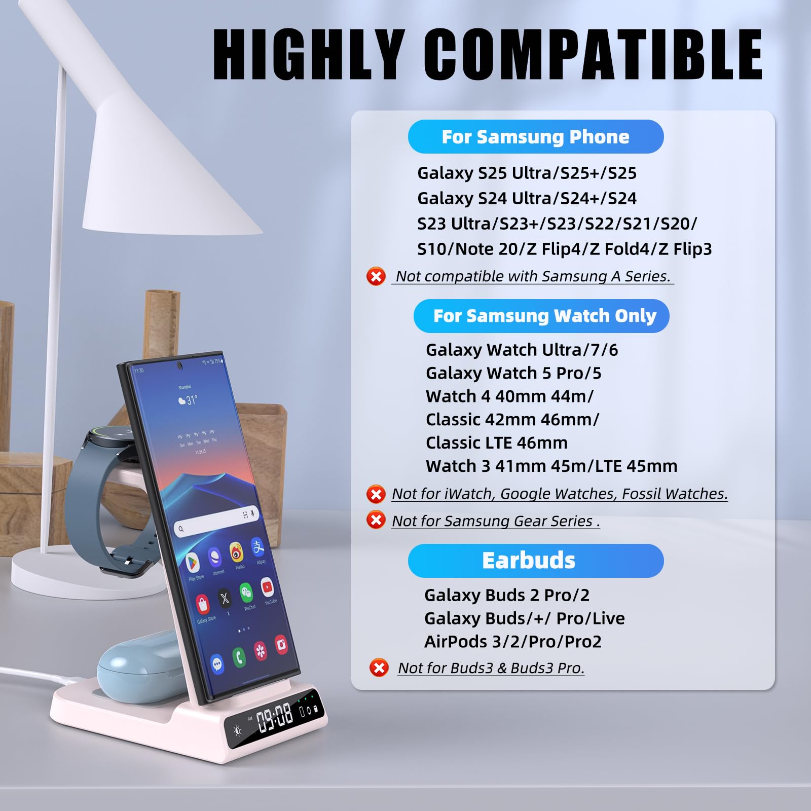 Fast Wireless Charger for Samsung Galaxy S25 Ultra, Watch 7 Ultra, S24, Z Flip 6 & Galaxy Buds Pro 2 - 3-in-1 Charging Station for Phone, Smartwatch & Earbuds - Perfect for Home, Office & Travel