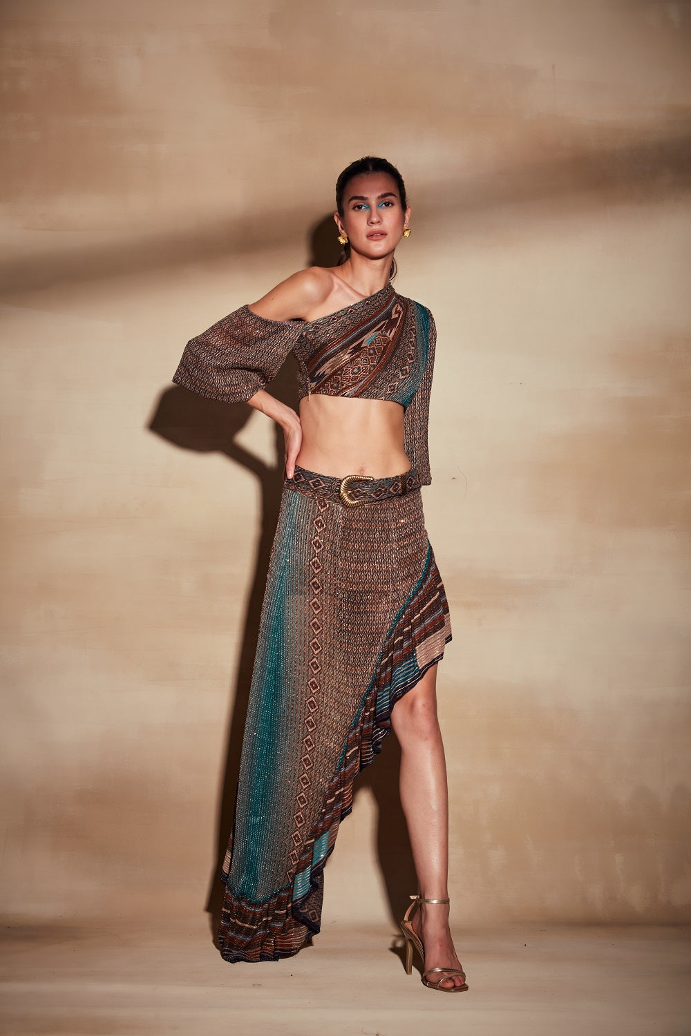 Trendy Tan Mix Print One Shoulder Top for Women - Summer Party, Beach Vacation & Night Out Outfits