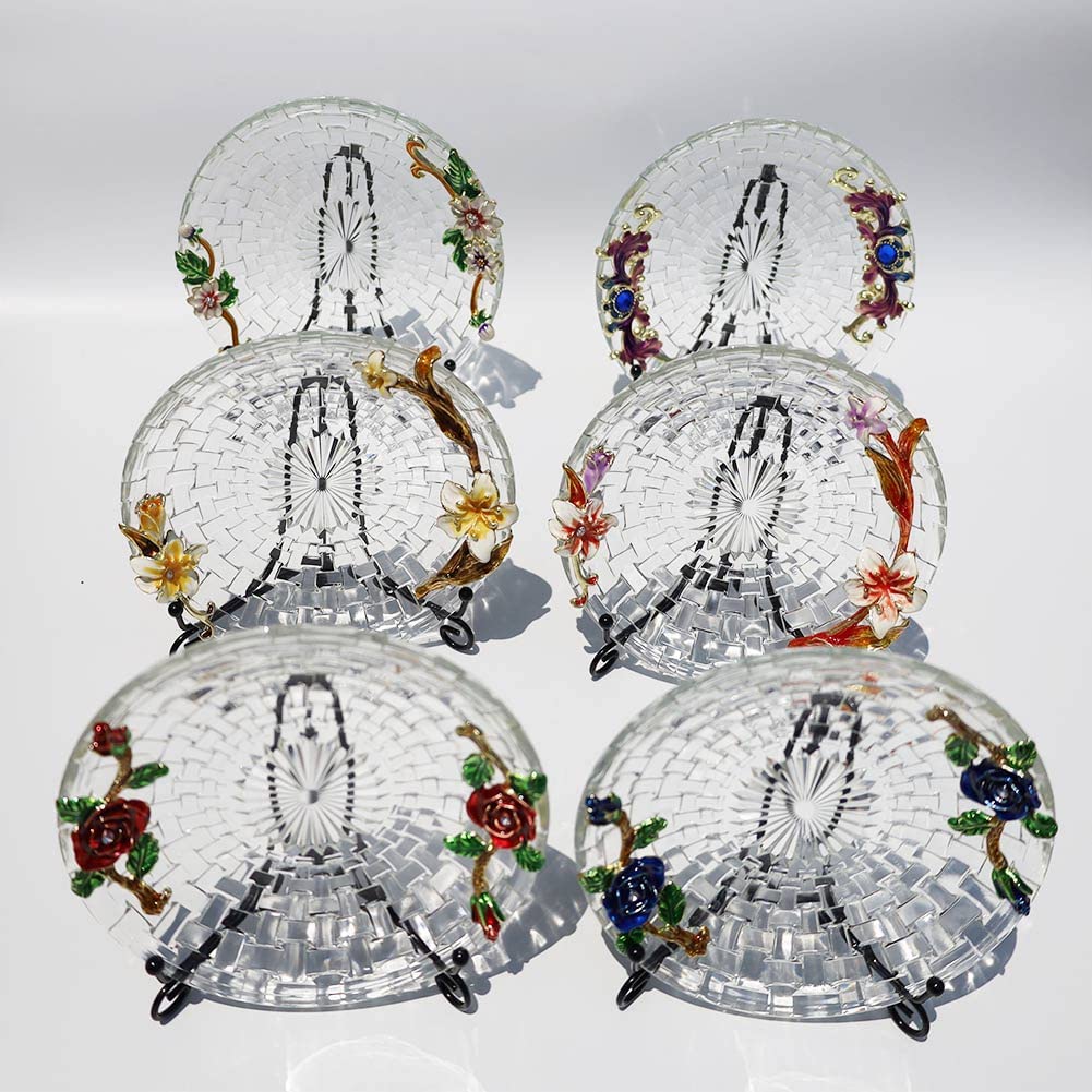 Blue Rose Floral Glass Tea Saucers - Small Round Dessert Plates for Tea Party, Afternoon Tea, Wedding, and Home Decor