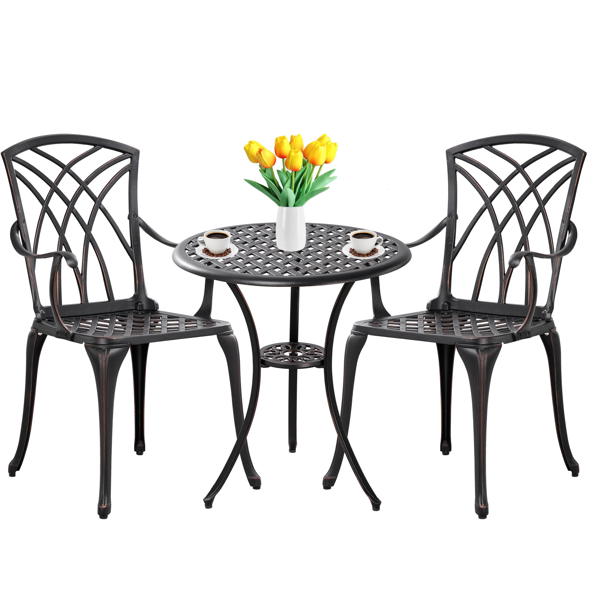 3-Piece Outdoor Bistro Set with Umbrella Hole - Rust-Resistant Patio Table & Chairs for Porch, Balcony or Garden - Perfect for Morning Coffee, Afternoon Tea and Outdoor Dining