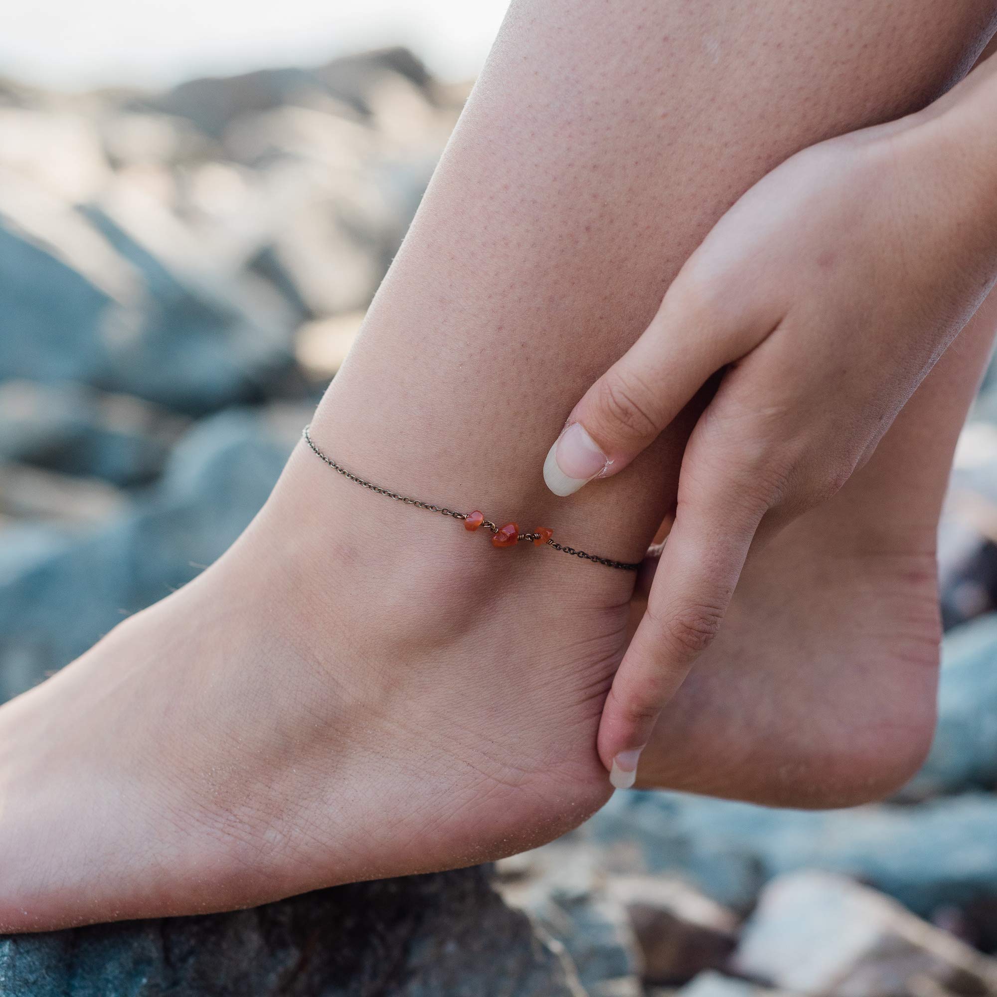 Natural Carnelian Beaded Anklet with Bronze Chain - Boho Chic Adjustable Foot Jewelry for Women | Perfect for Beach, Summer Outfits & Festival Fashion