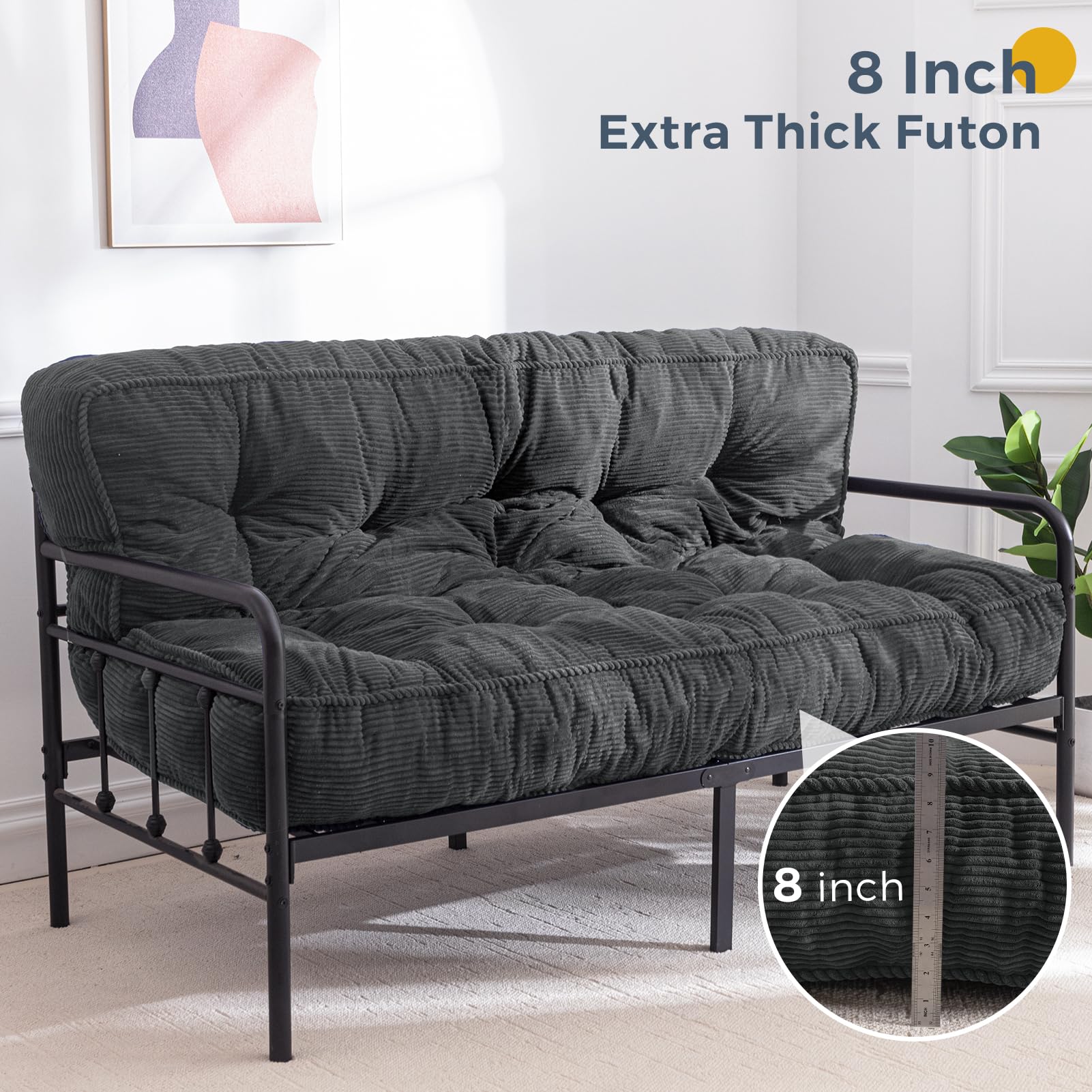 MAXYOYO 8 Inch Tufted Futon Sofa Couch Bed - Thick Corduroy Fabric Floor Mattress for Adults (Mattress Only) in Dark Grey - Perfect for Small Spaces, Guest Rooms & Dorm Rooms