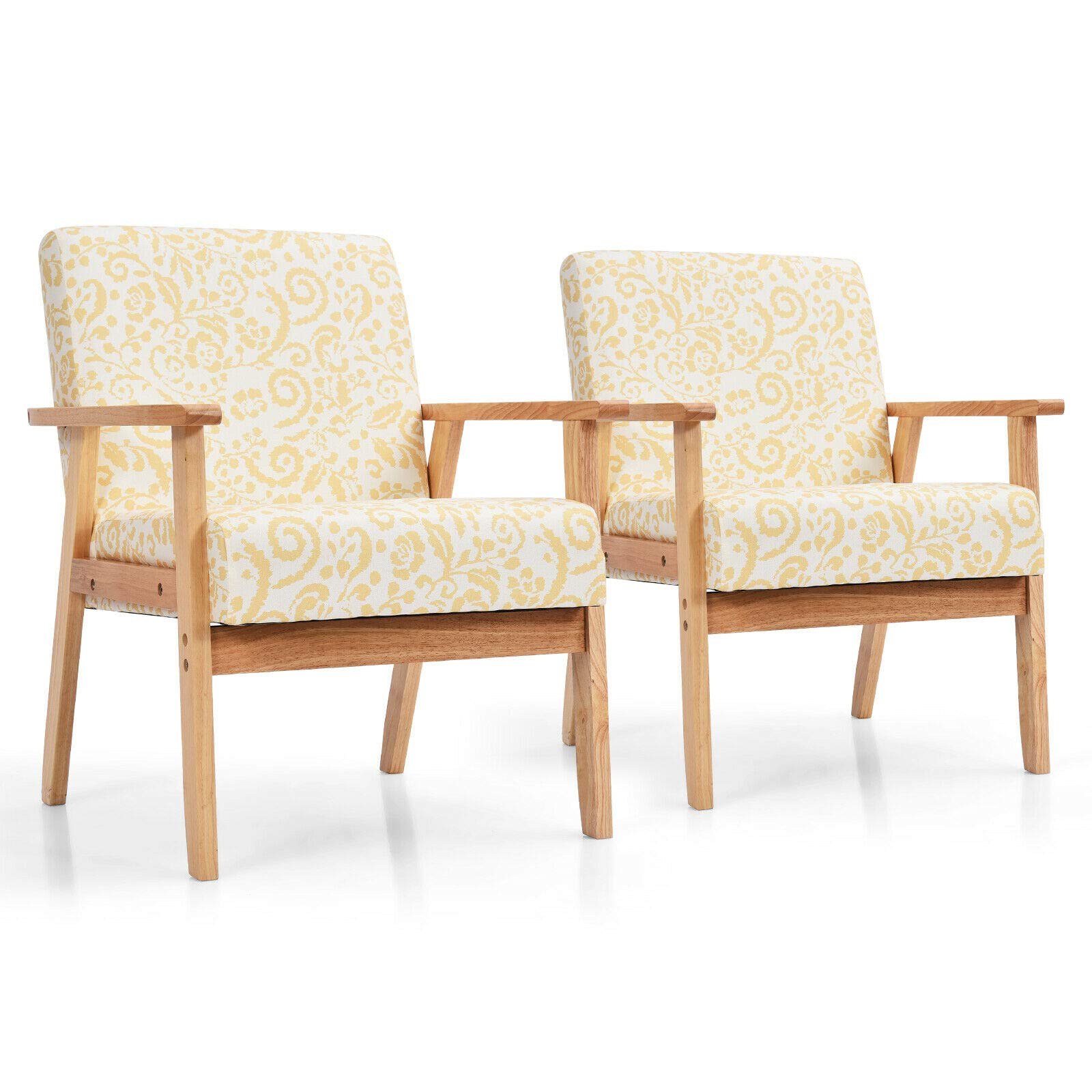 2PCS Yellow Floral Accent Chairs - Upholstered Armchairs with Thick Cushions, Ergonomic Armrests & Non-Slip Foot Pads - Solid Rubberwood Lounge Chairs for Living Room, Study, Balcony, Office & Reading Nook Decor