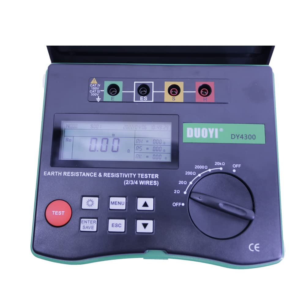 DY4300 Digital Ground Resistance Tester - 4-Terminal Soil Resistivity & Insulation Meter for Electrical Safety Testing (Perfect for Solar Panel Installations, Industrial Grounding Systems & Home Electrical Maintenance)
