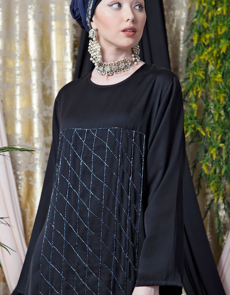 Elegant Black Arabic Diamond Motif Hand Embroidered Flare Nida Abaya - Perfect for Eid, Ramadan, Wedding & Special Occasions