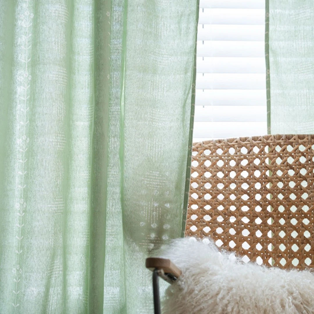 Boho Botanical Geometric Semi-Sheer Custom Curtains for Living Room & Bedroom - Light Filtering Window Drapes with Nature-Inspired Design