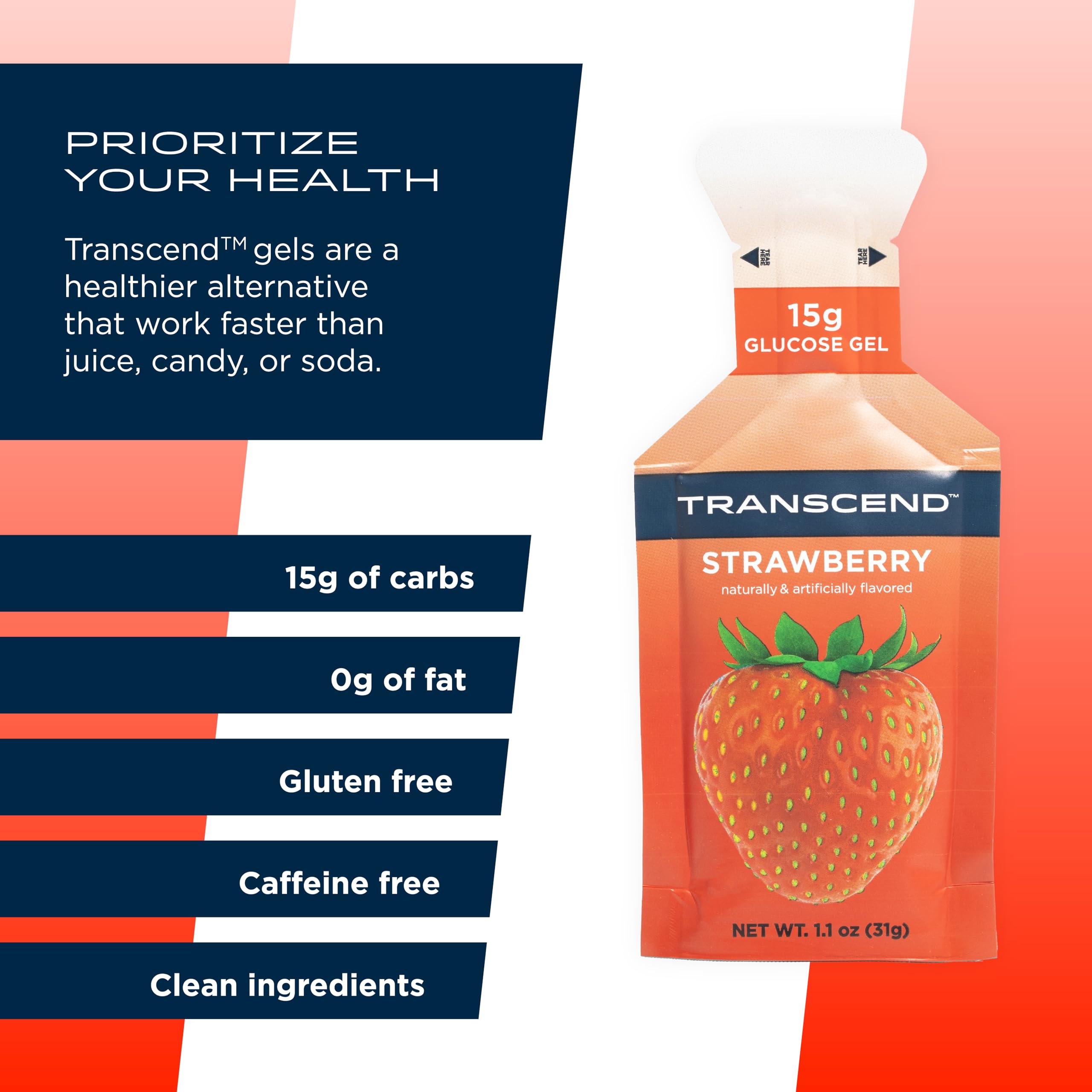 Transcend Foods Strawberry Energy Gel (1.1 oz, Pack of 38) - Fast-Acting Carbohydrate Fuel for Runners, Cyclists & Athletes - Caffeine Free, Gluten Free, Vegan - Perfect for Marathon Training & Endurance Sports