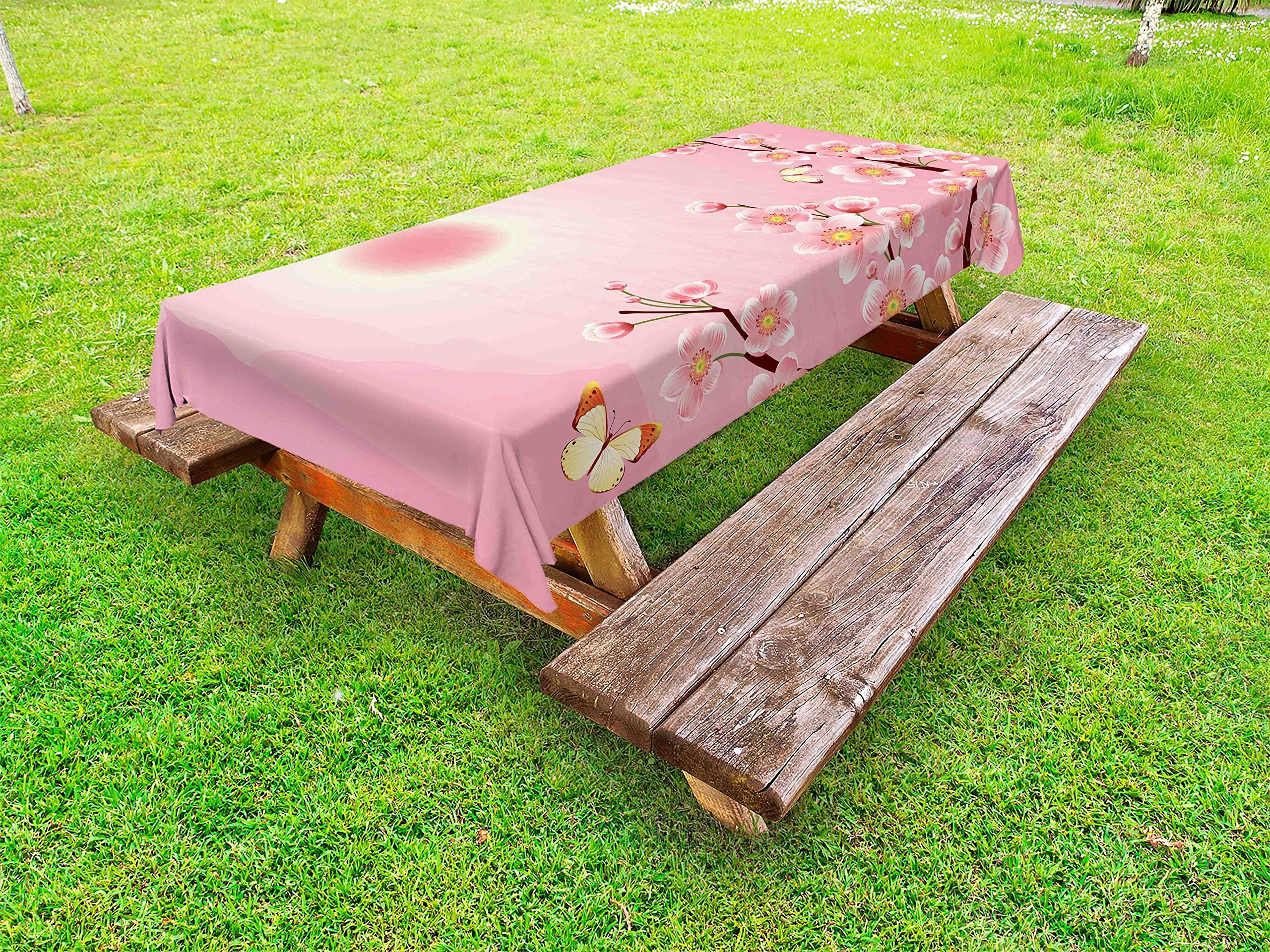 Ambesonne Asian Cherry Blossom Tablecloth - Pink Yellow Floral Print Washable Picnic Table Cover 58x120 Inches - Perfect for Spring Outdoor Dining, Garden Parties & Picnics