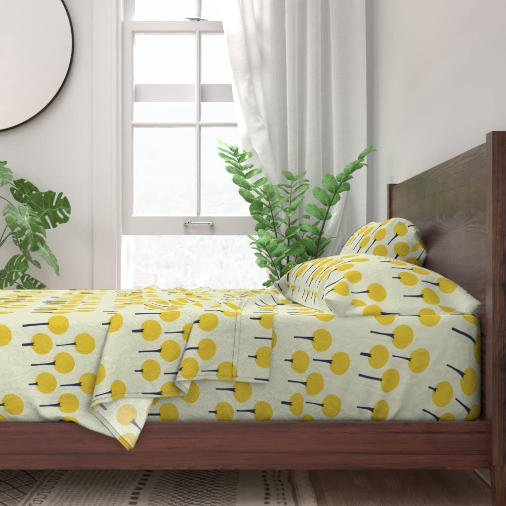 100% Cotton Twin Sheet Set - 3pc Yellow Pop Trees Mid Century Modern Retro Mustard Print | Gender Neutral Baby Bedding | Soft & Breathable for Nursery, Kids Room & Guest Bed