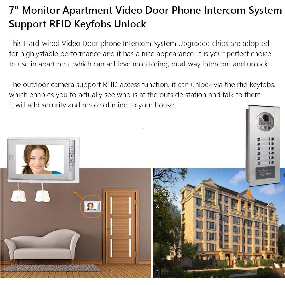 3 Units Apartment Video Intercom System - 7 Inch Wired Video Doorbell with IR Camera, ID Keyfob Unlock & Monitoring | 3-Monitor Home Security for Apartments, Condos & Gated Communities | Indoor/Outdoor Use