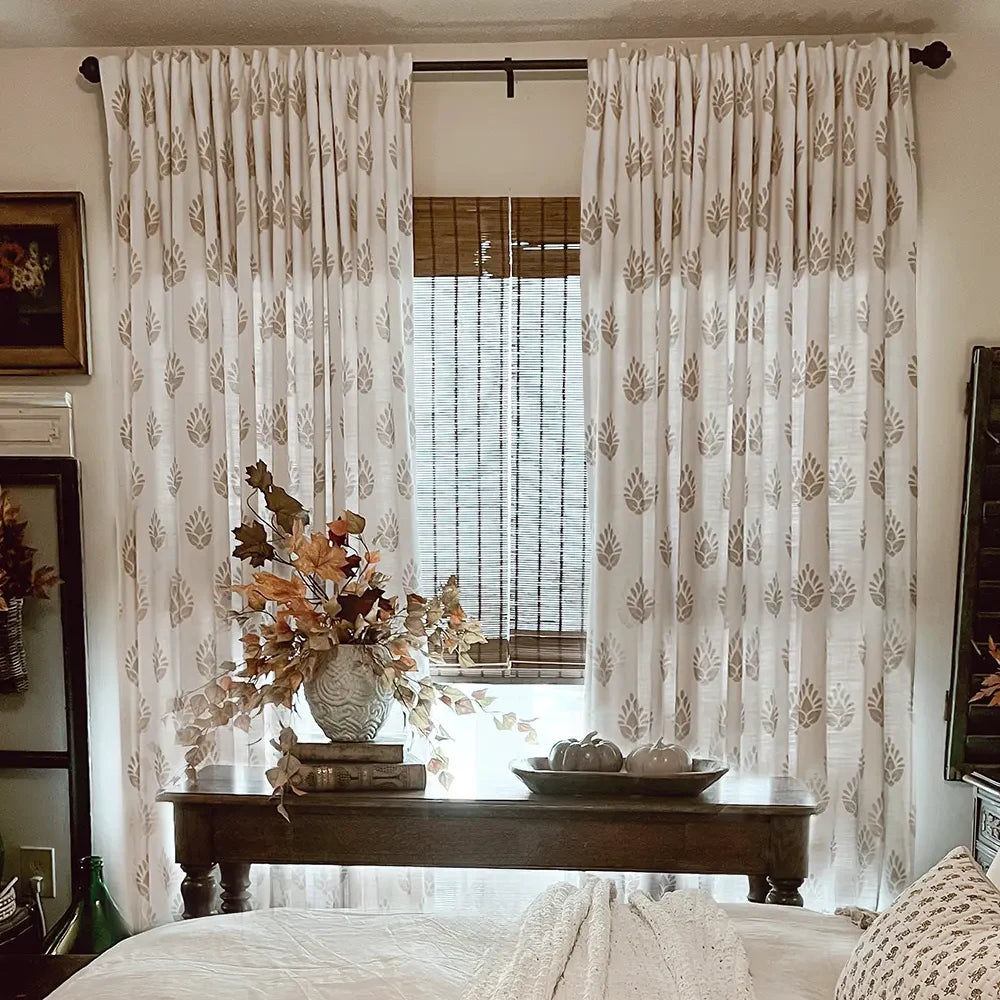 Stefana Silver Print Linen Curtains - Soft Top Blackout Drapes for Living Room & Bedroom Window Treatments