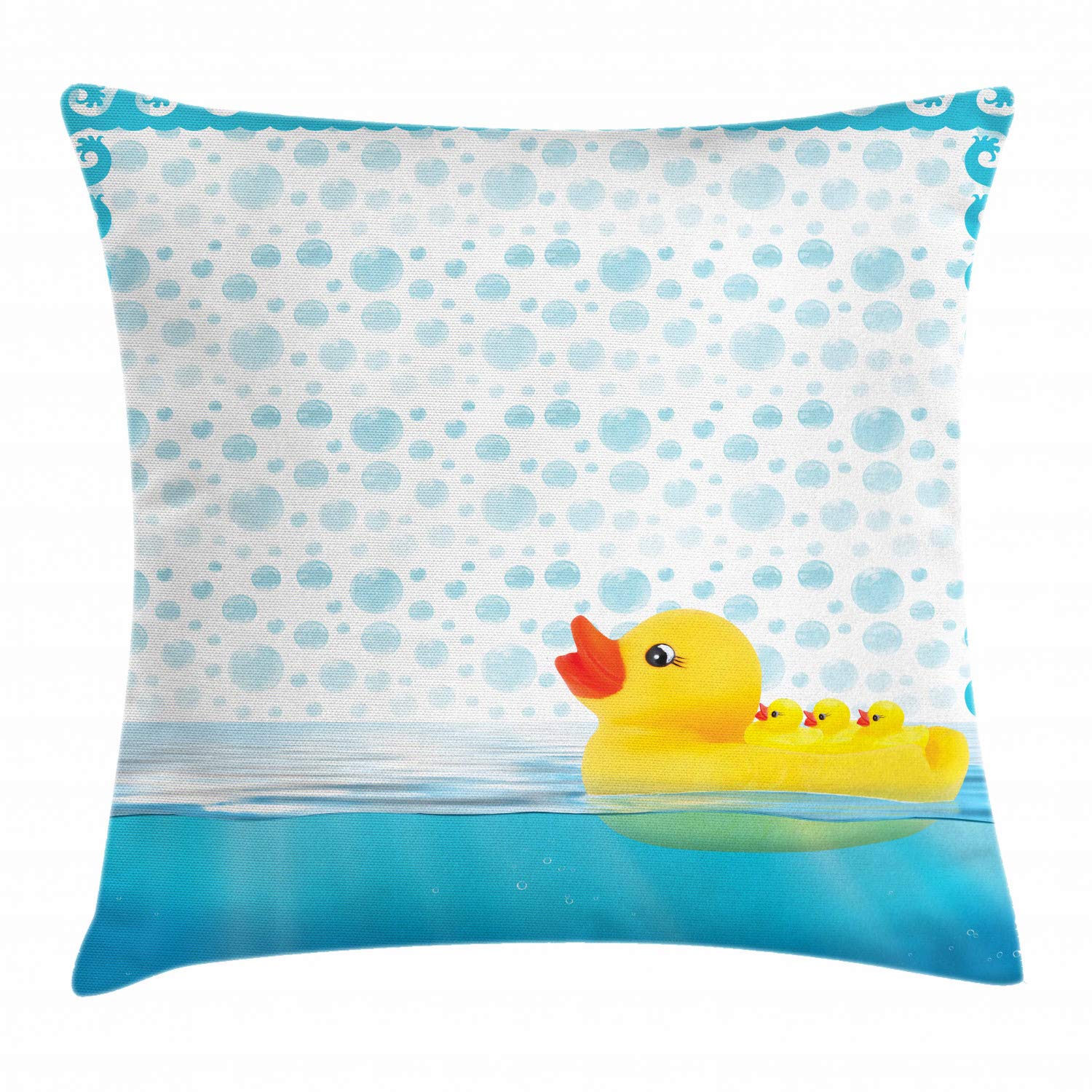Ambesonne Yellow Duck Throw Pillow Cover 20x20 Inches - Funny Swimming Rubber Duck with Bubbles & Waves Print - Decorative Square Accent Pillow Case in Sky Blue, Yellow & White - Perfect for Nursery, Kids Room Decor or Bathroom Themed Accessories