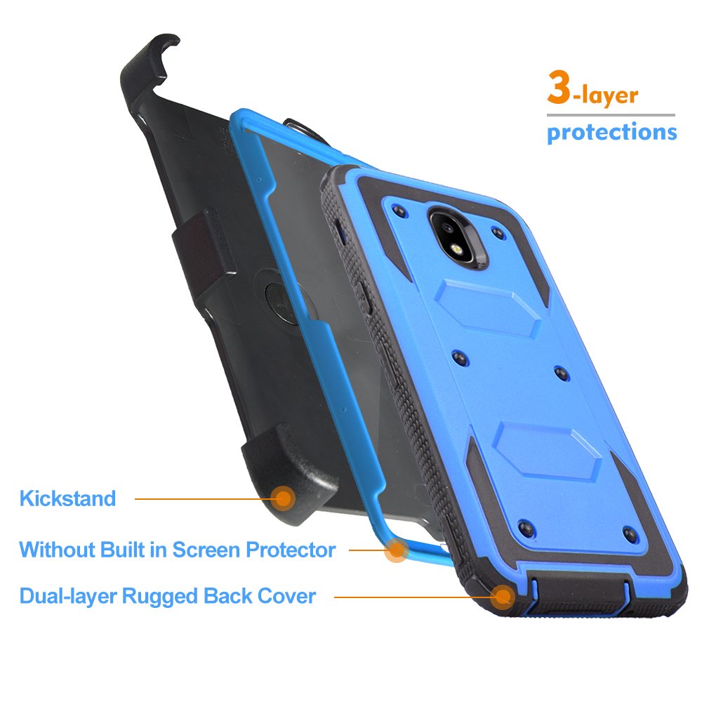 Samsung J3 (2018) Phone Case with Built-in Screen Protector, 360° Full-Body Protection, Kickstand & Holster Clip - Shockproof Armor Cover with Grip Sides (Blue) - Perfect for Daily Use, Outdoor Activities & Work