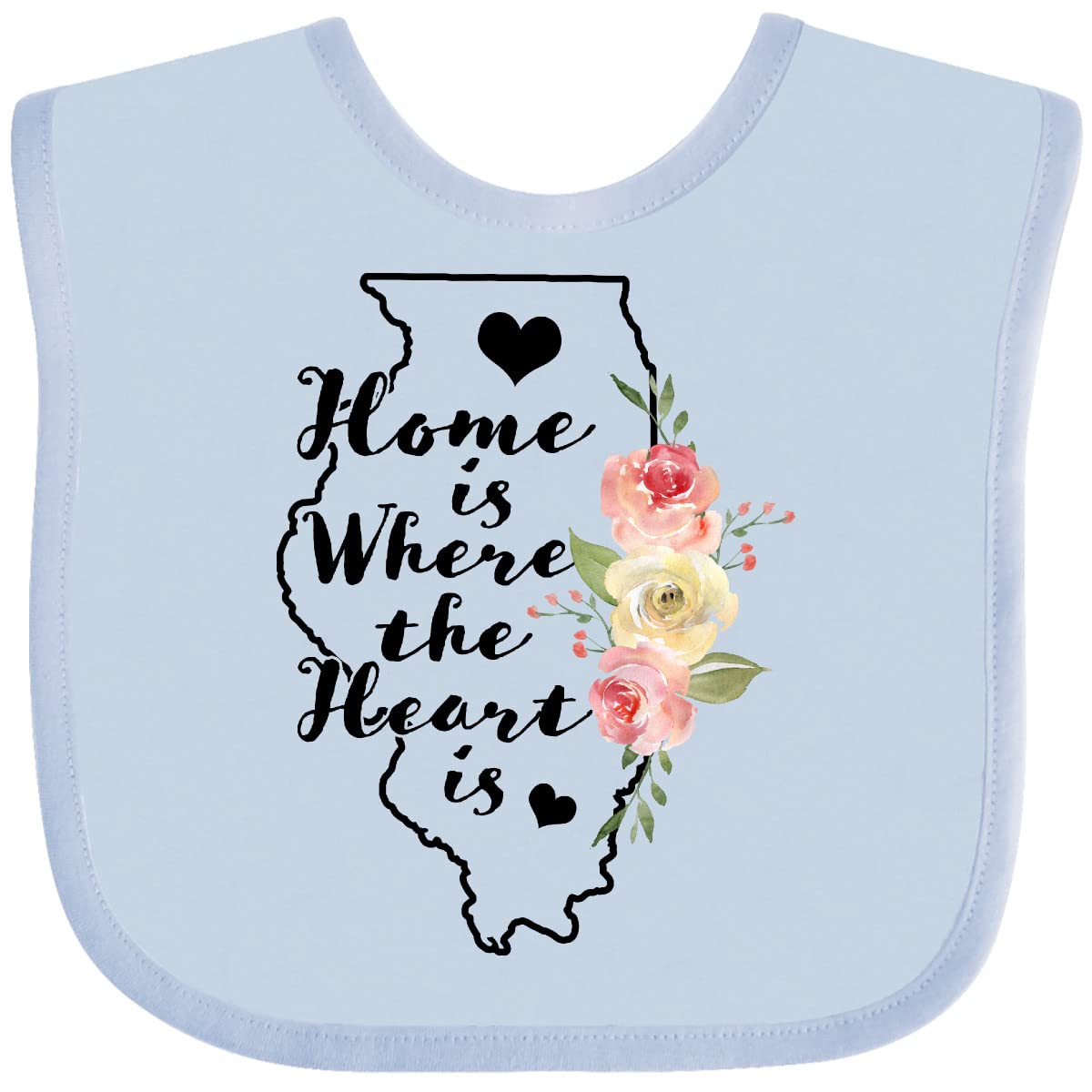 Inktastic Illinois 'Home Is Where the Heart Is' Watercolor Floral Baby Bib - Soft & Absorbent for Infants, Toddlers - Perfect for Mealtime, Daycare, Photo Shoots & Gifts