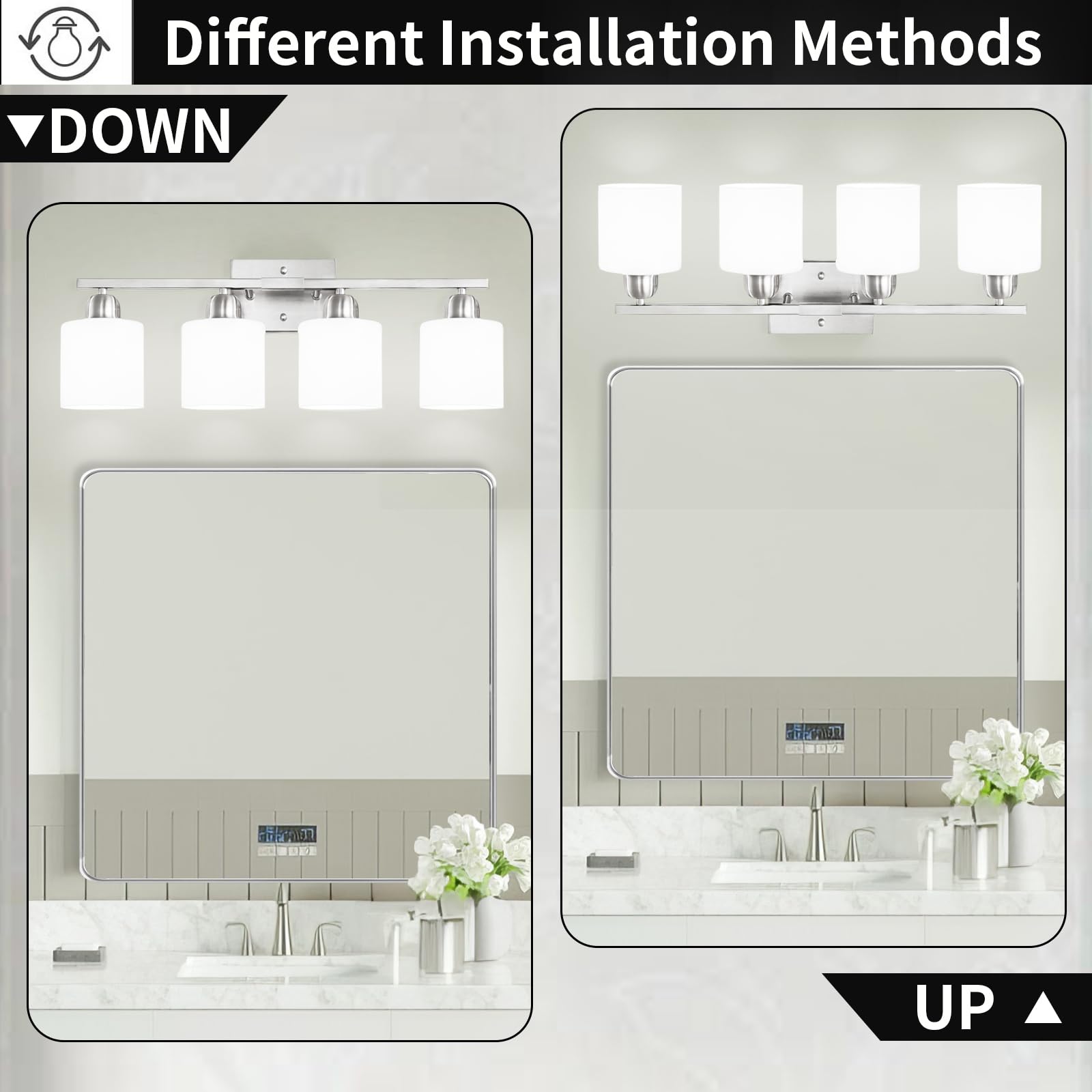 4-Light Brushed Nickel Bathroom Vanity Light Fixture with Milky White Frosted Glass Shade - E26 Base Wall Sconce for Mirror, Bedroom & Living Room - Perfect for Modern Home Decor and Ambient Lighting